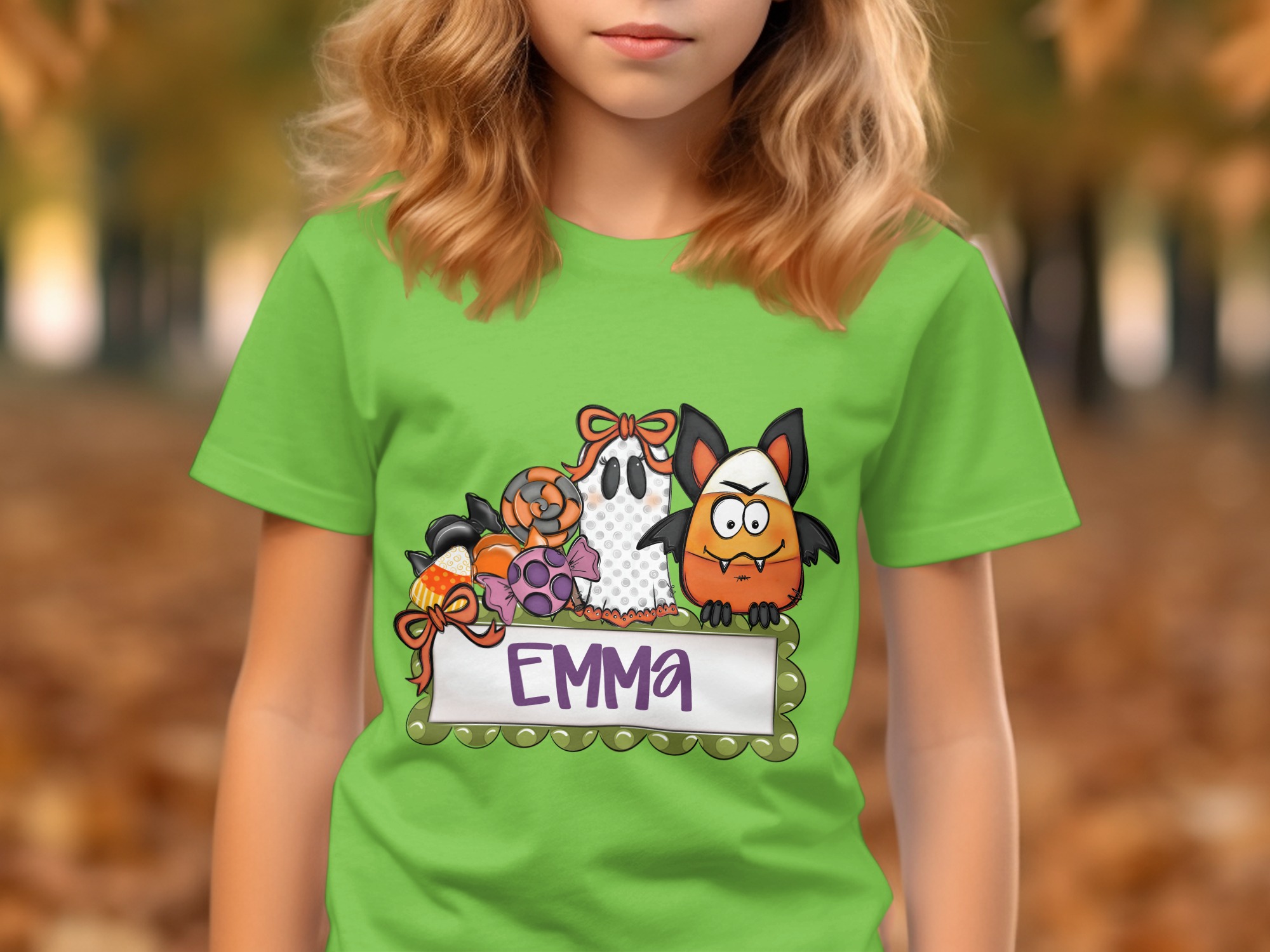 Personalized Halloween T-Shirt, Cute Spooky Ghost & Candy Corn Bat Fall Kids Name Shirt, Custom Trick or Treat Birthday Gift Idea - Image 2