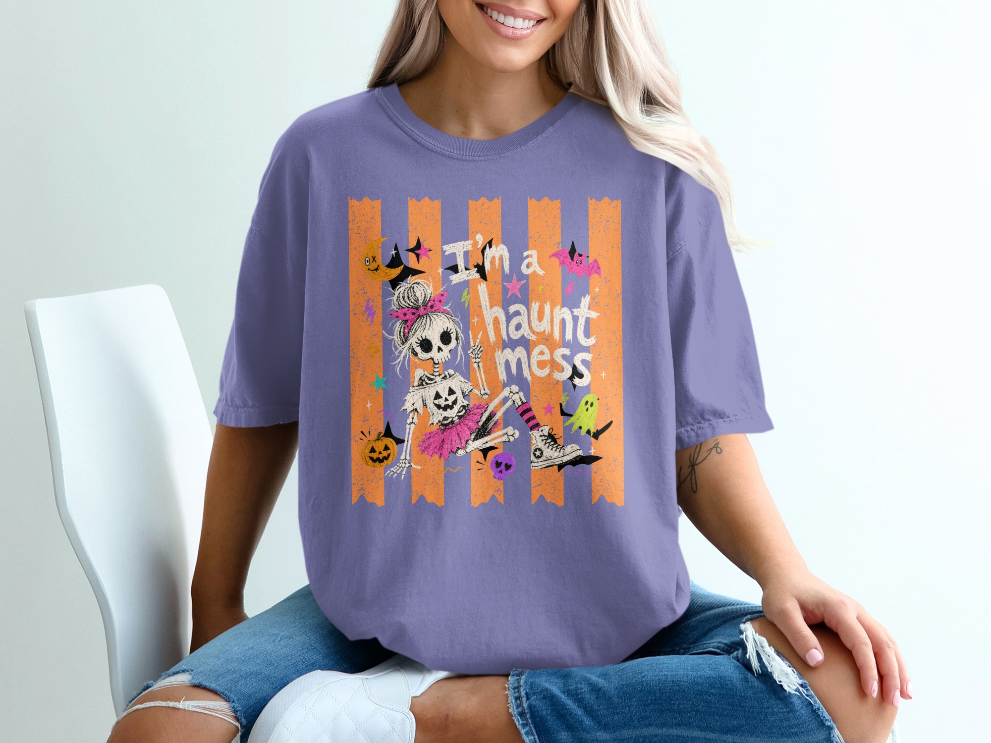 Spooky Cute Haunt Mess Skeleton Girl T-Shirt, Kawaii Pastel Goth Halloween Tee, Fun Y2K Fall Season Shirt for Women & Teens - Image 6