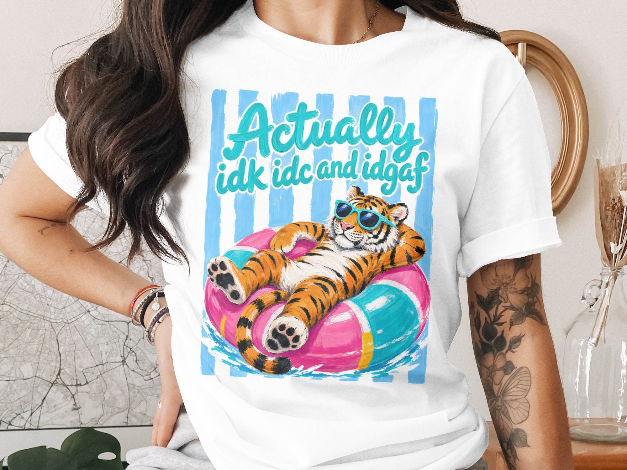 Funny Tiger T-Shirt IDGAF Graphic Tee, Chill Summer Vacation Loungewear, Sarcastic Anti-Social Quote Shirt, Cool Animal Lover Gift