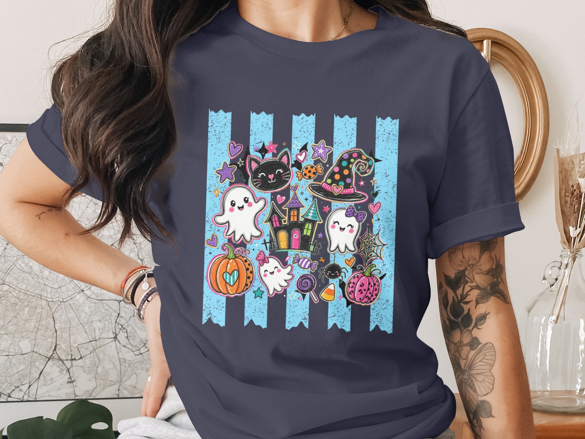Cute Halloween Spooky Ghost T-Shirt, Kawaii Black Cat Witch Hat Pumpkin Tee, Whimsical Trick or Treat Kids & Adult Gift - Image 12
