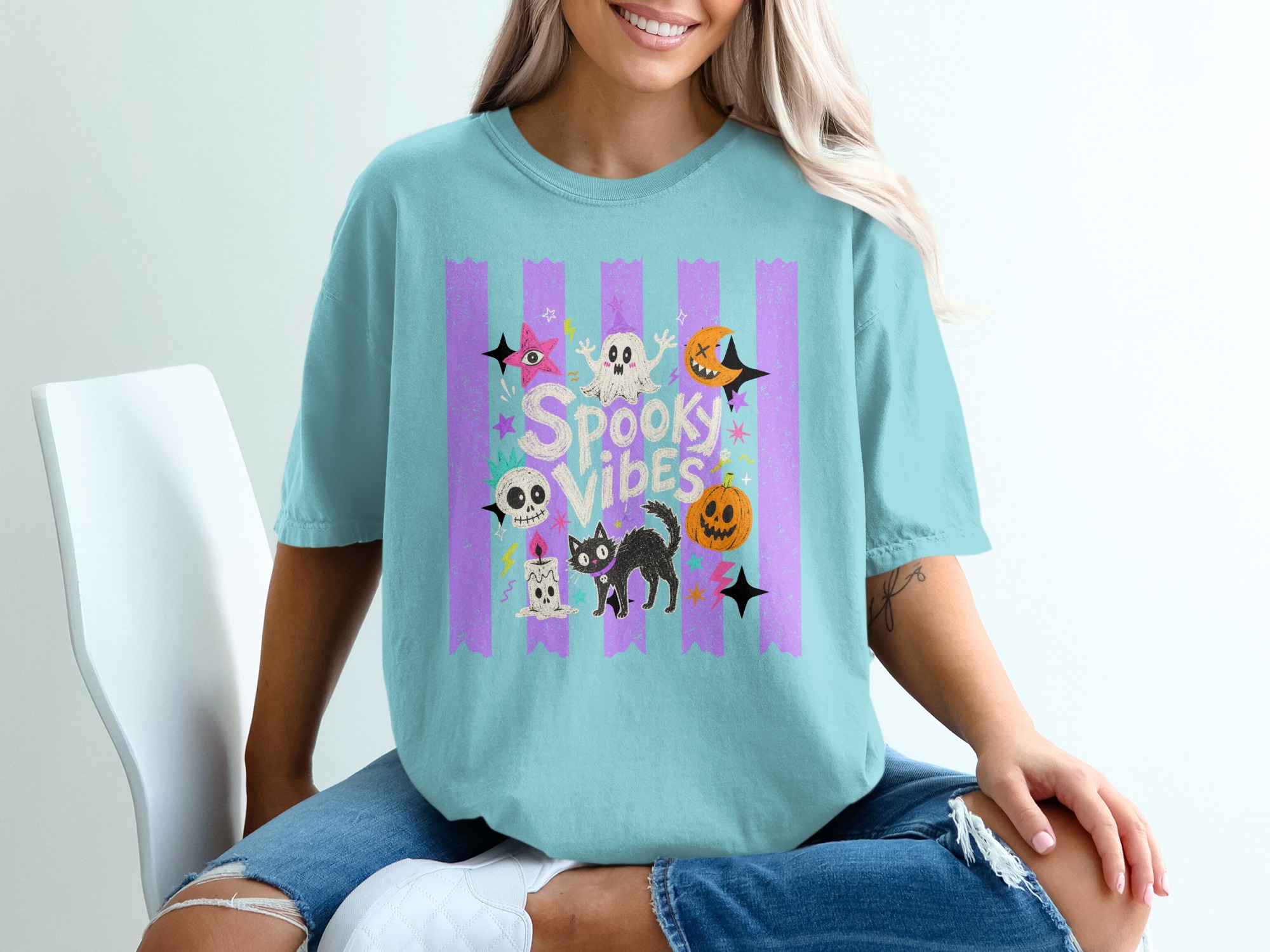 Spooky Vibes T-Shirt, Cute Ghost Black Cat Halloween Shirt, Whimsigoth Pastel Goth Aesthetic Pumpkin Skull T-Shirt, Retro Spooky Season Gift - Image 7