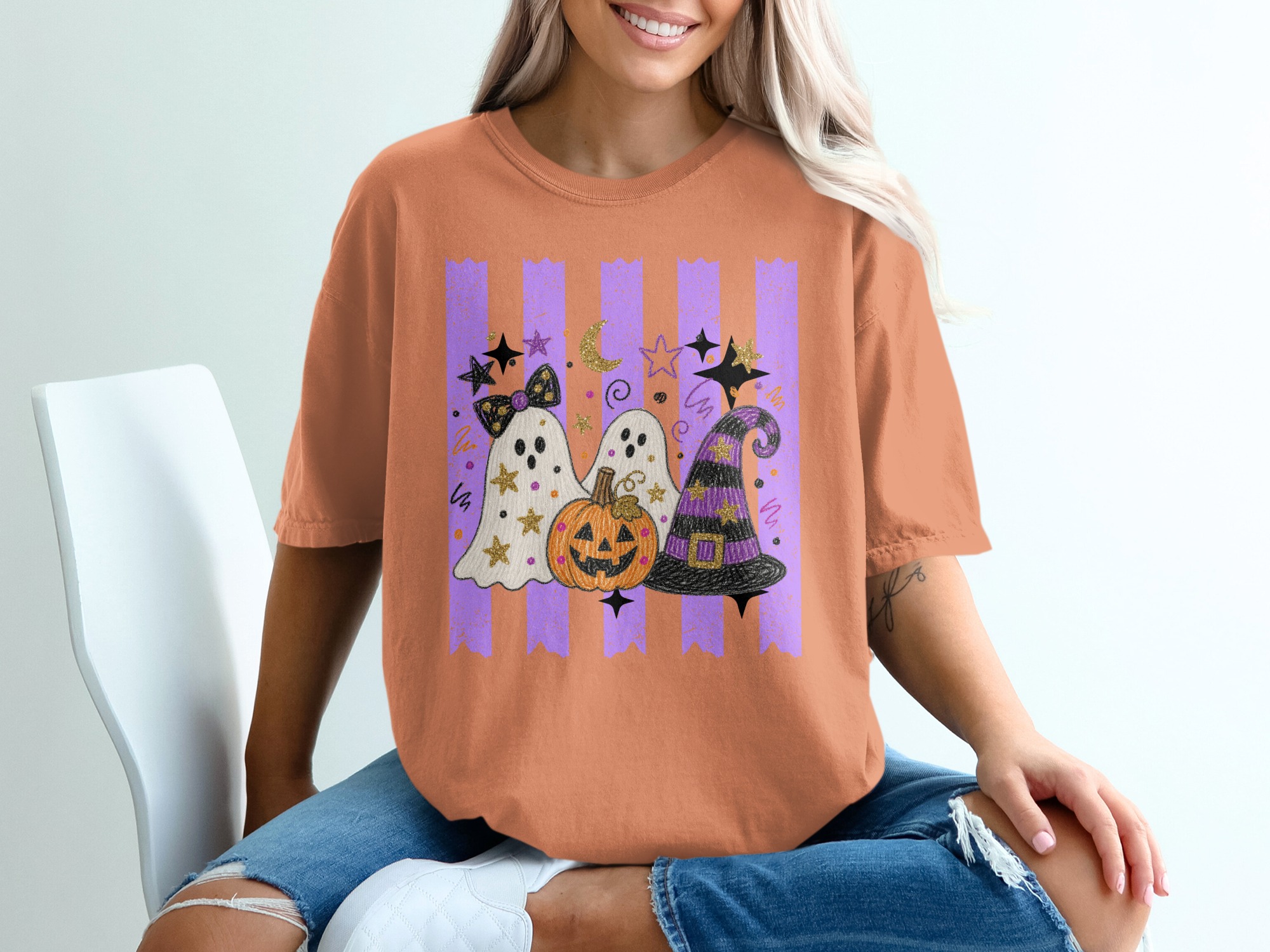 Cute Ghost Halloween T-Shirt, Spooky Pumpkin Witch Hat Graphic Tee, Faux Glitter Fall Festive Women's Purple Stripe Trick or Treat Apparel - Image 4
