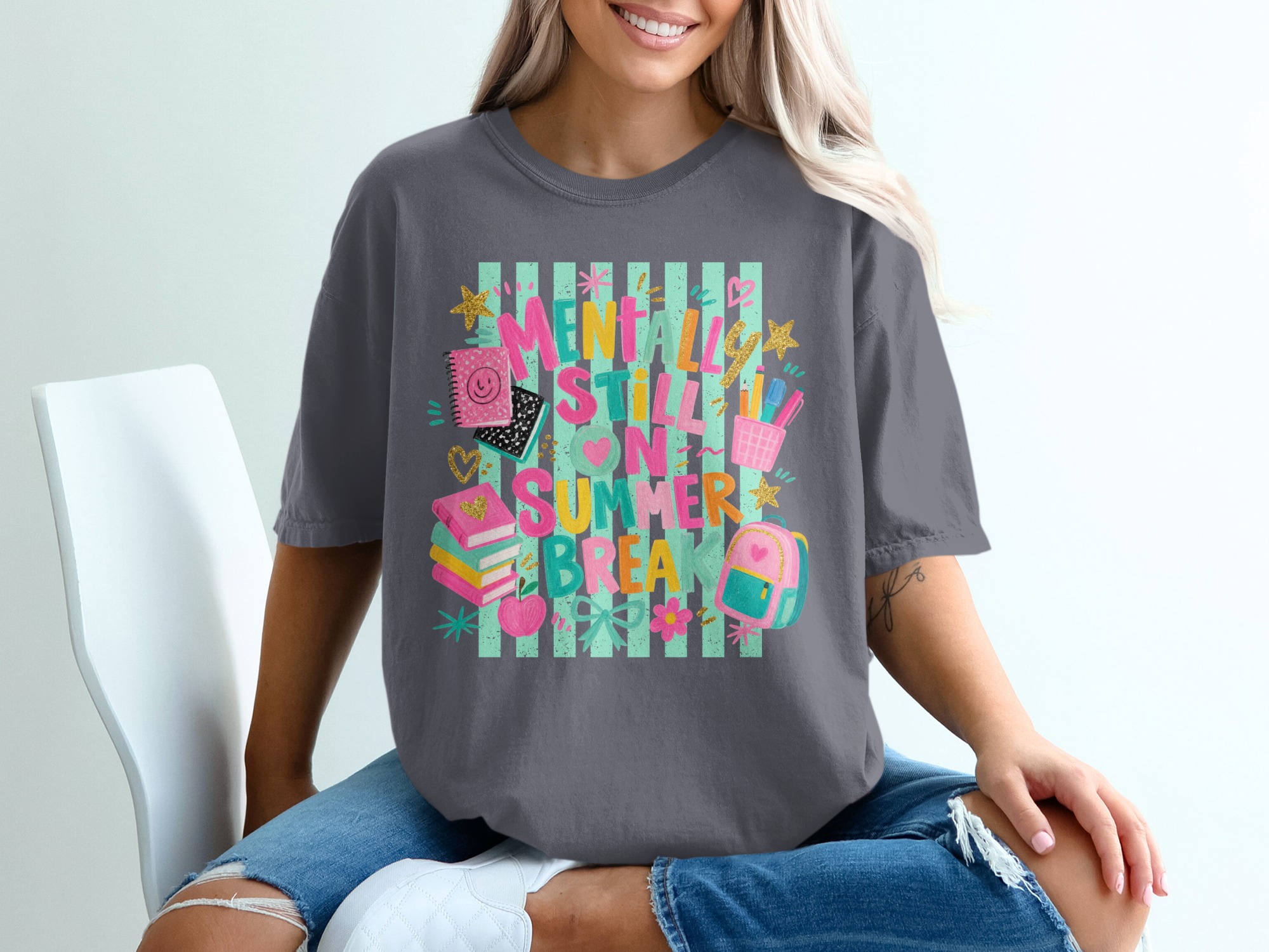 Mentally Still On Summer Break T-Shirt | Funny Teacher Student Gifts | Back to School Vacation Vibe Tee - Image 5