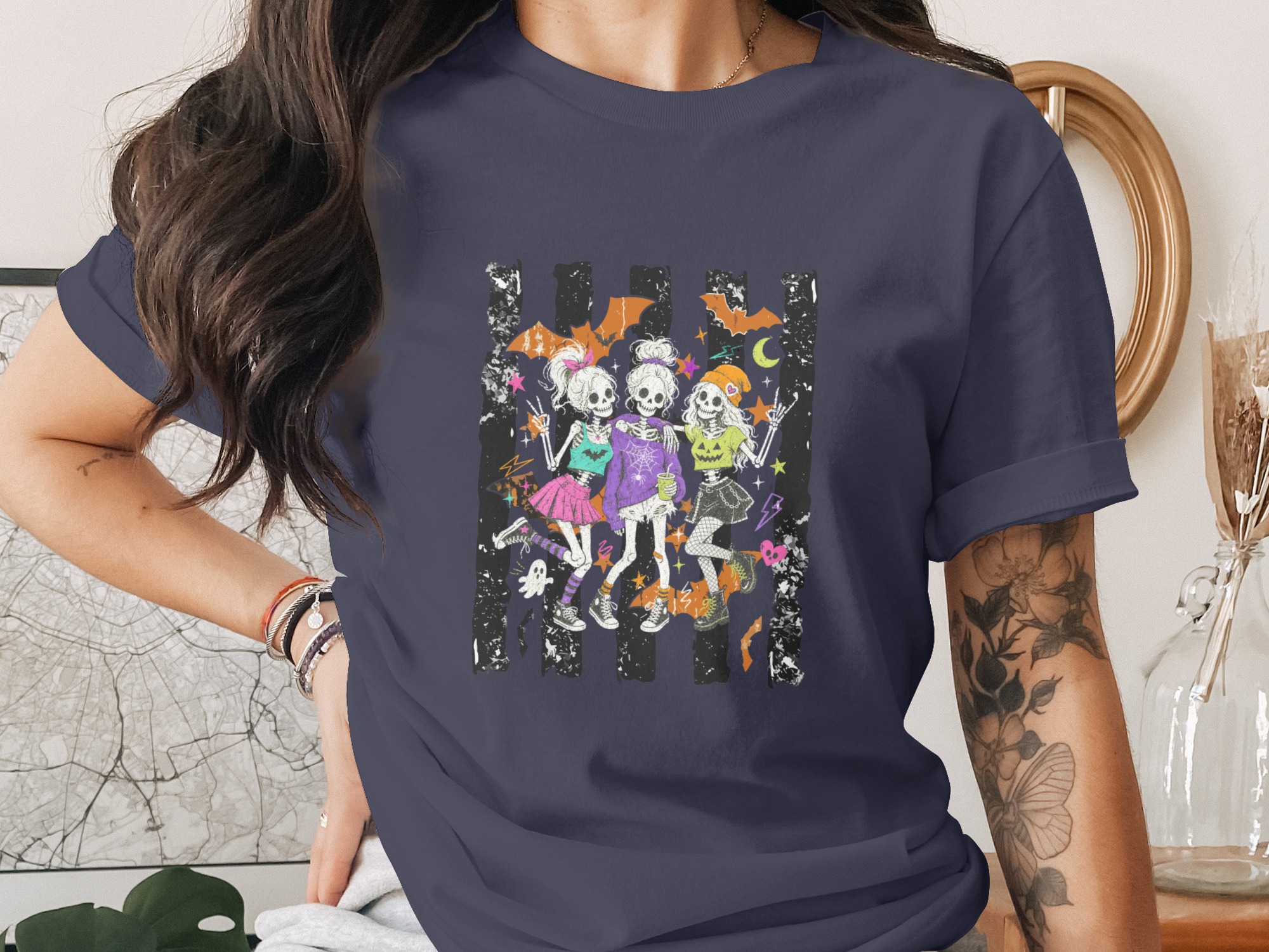 Cute Goth Skeleton Friends Halloween T-Shirt | Spooky Skull Besties Graphic Tee | October Fall Costume Party Shirt | Alternative Aesthetic - Image 3