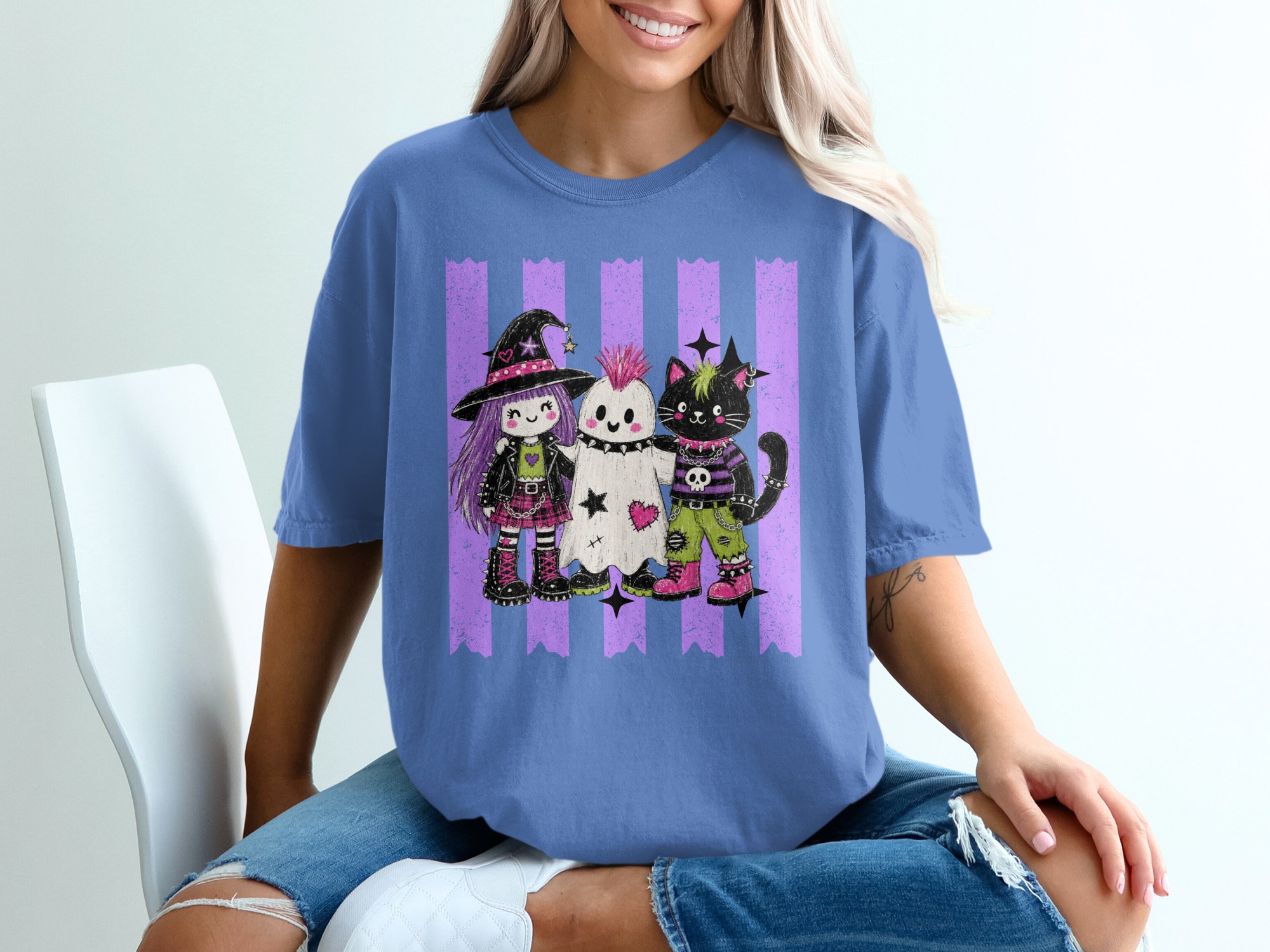 Spooky Cute Goth Friends T-Shirt, Pastel Punk Rock Witch Ghost Cat Halloween Shirt, Alternative Aesthetic Crewneck Tee - Image 9