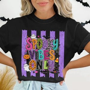 Spooky Vibes Only Halloween T-Shirt | Cute Fall Season Tee | Ghost Pumpkin Witch Hat Black Cat | Fun Holiday Top