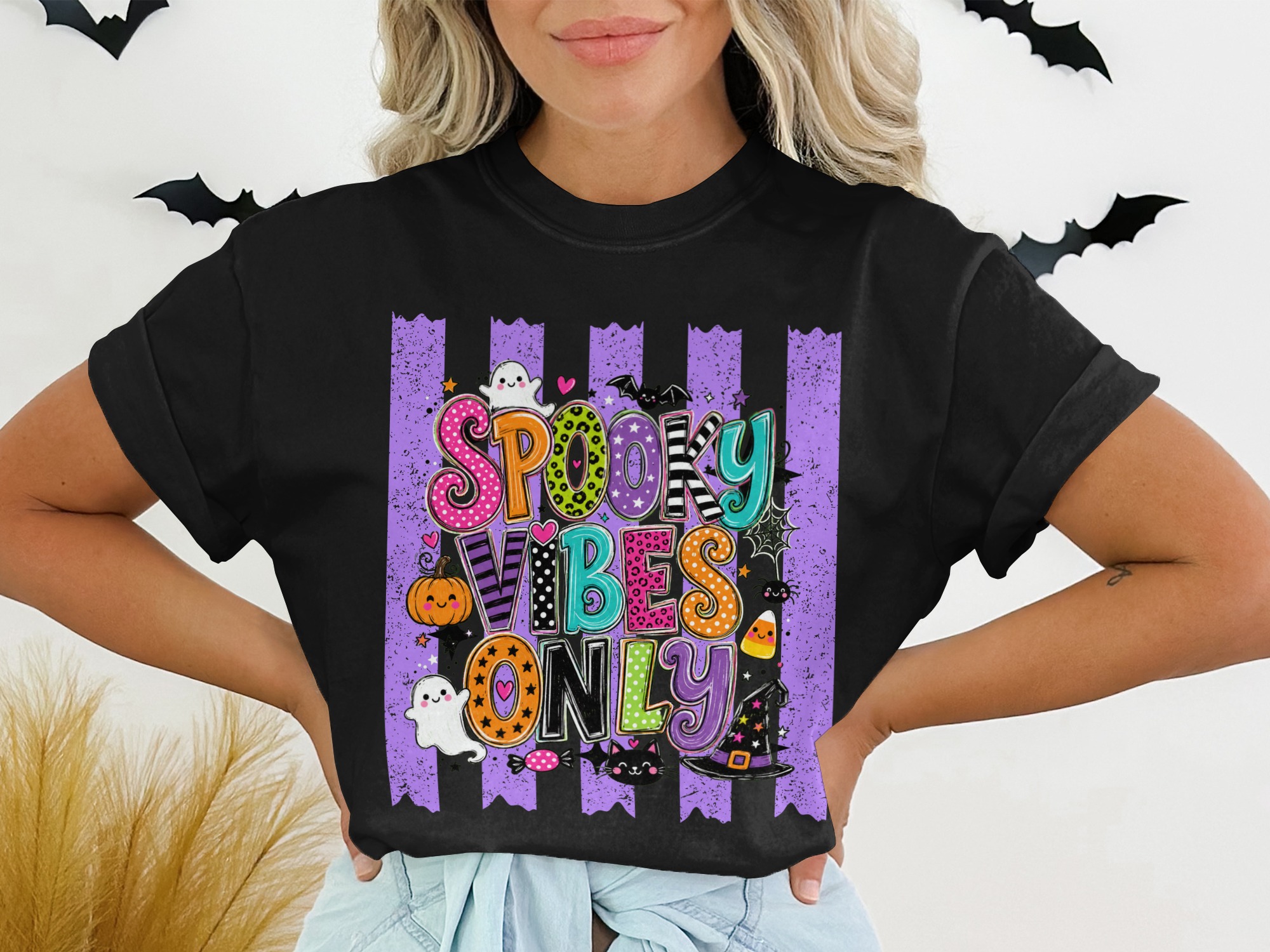 Spooky Vibes Only Halloween T-Shirt | Cute Fall Season Tee | Ghost Pumpkin Witch Hat Black Cat | Fun Holiday Top