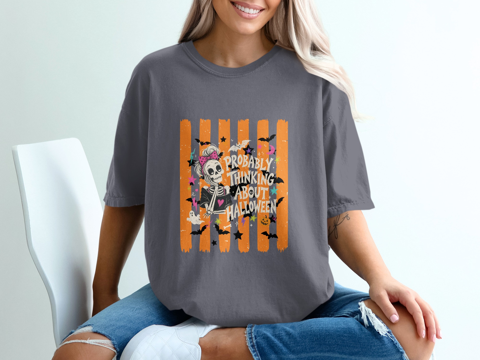 'Probably Thinking About Halloween' Skeleton T-Shirt | Messy Bun Skull Spooky Season Gift | Cute Witchy Bat & Ghost Fall Tee | Retro - Image 2