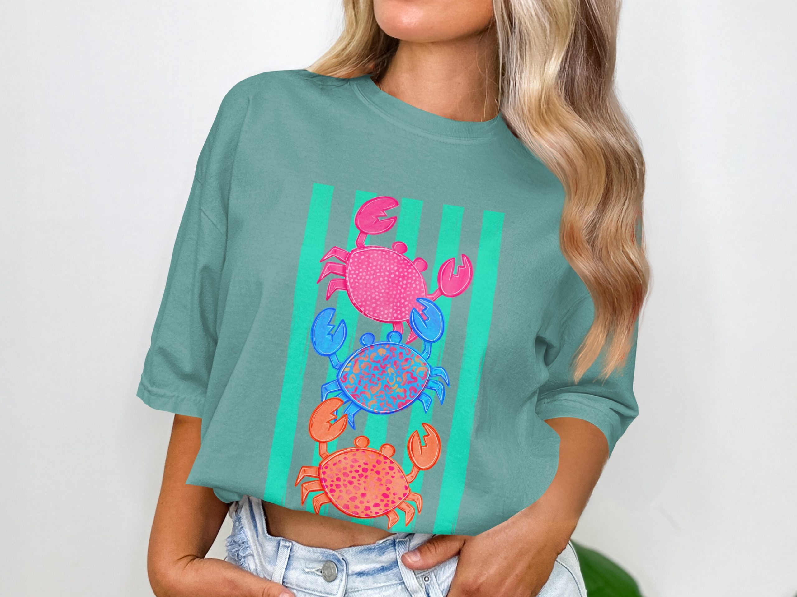 Vibrant Stacked Crabs T-Shirt, Colorful Beach Tee, Ocean Lover Summer Vacation Shirt, Nautical Coastal Gift for Her - Image 3