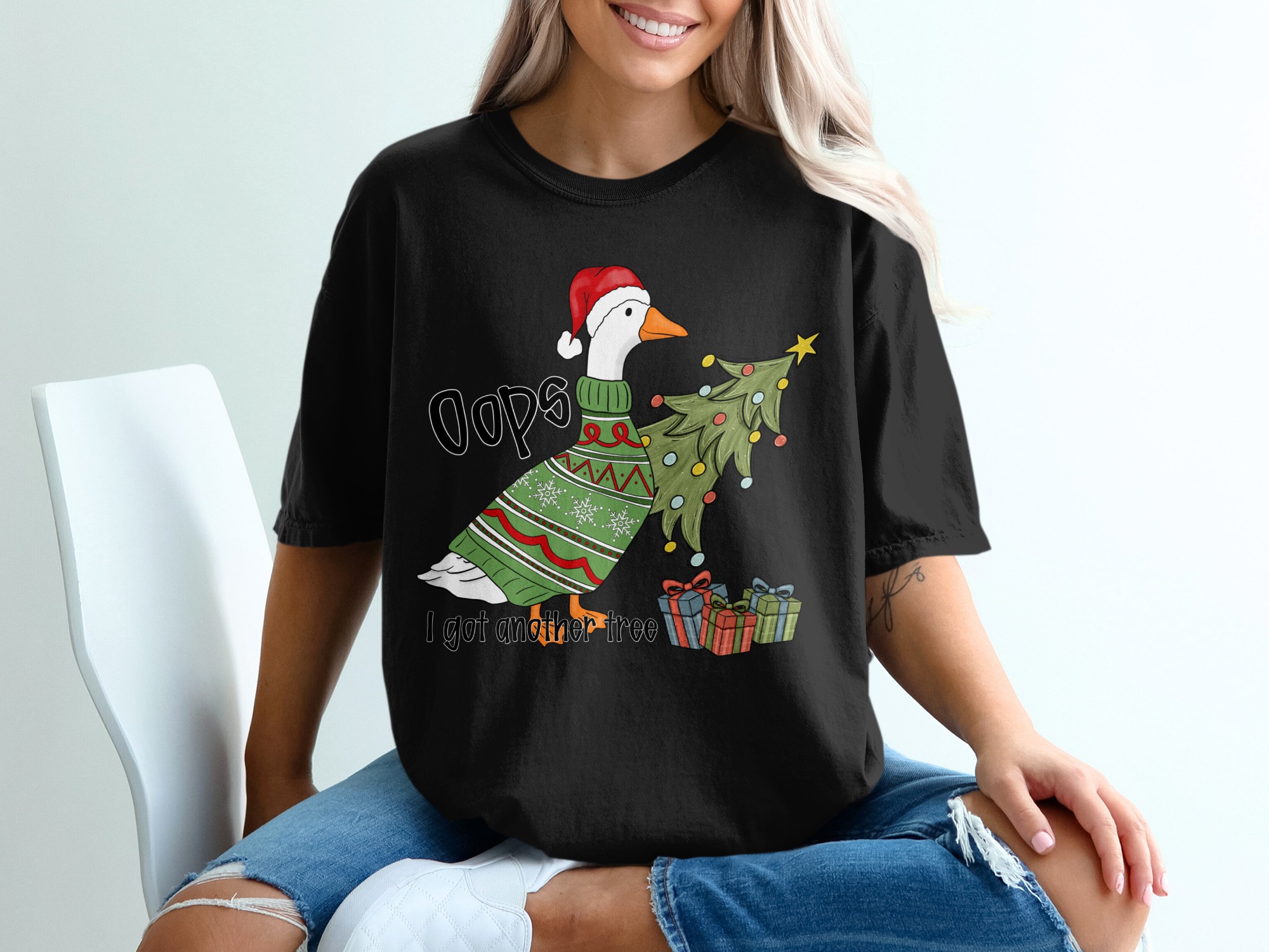 Funny Christmas Goose T-Shirt, Ugly Sweater Style Holiday Tee, Oops I Got Another Tree, Festive Humor Animal Shirt, Gag Xmas Gift - Image 2