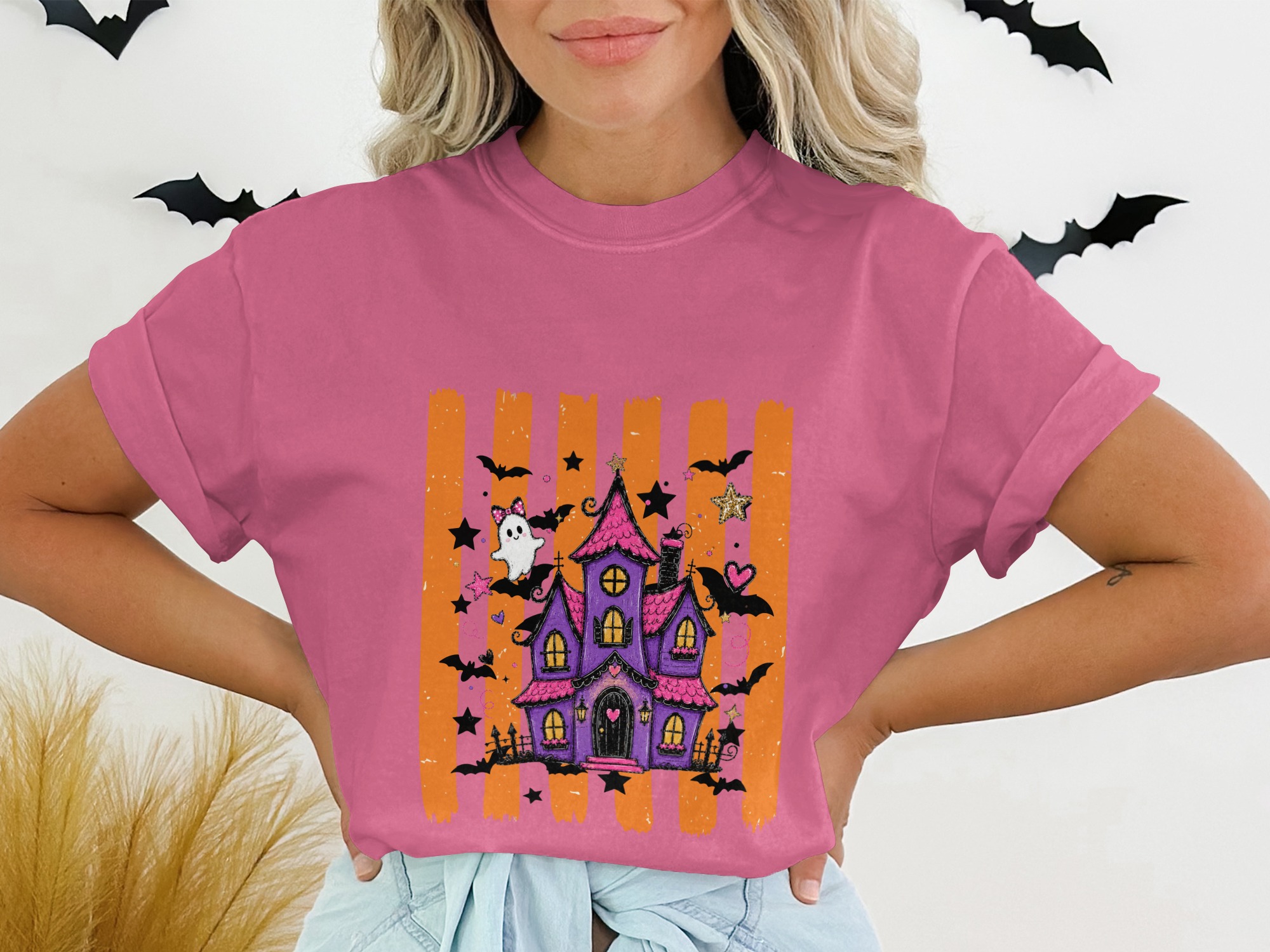 Spooky Cute Haunted House T-Shirt | Whimsical Halloween Tee with Ghosts & Bats | Purple Pink Aesthetic Fall Party Shirt Gift - Image 13