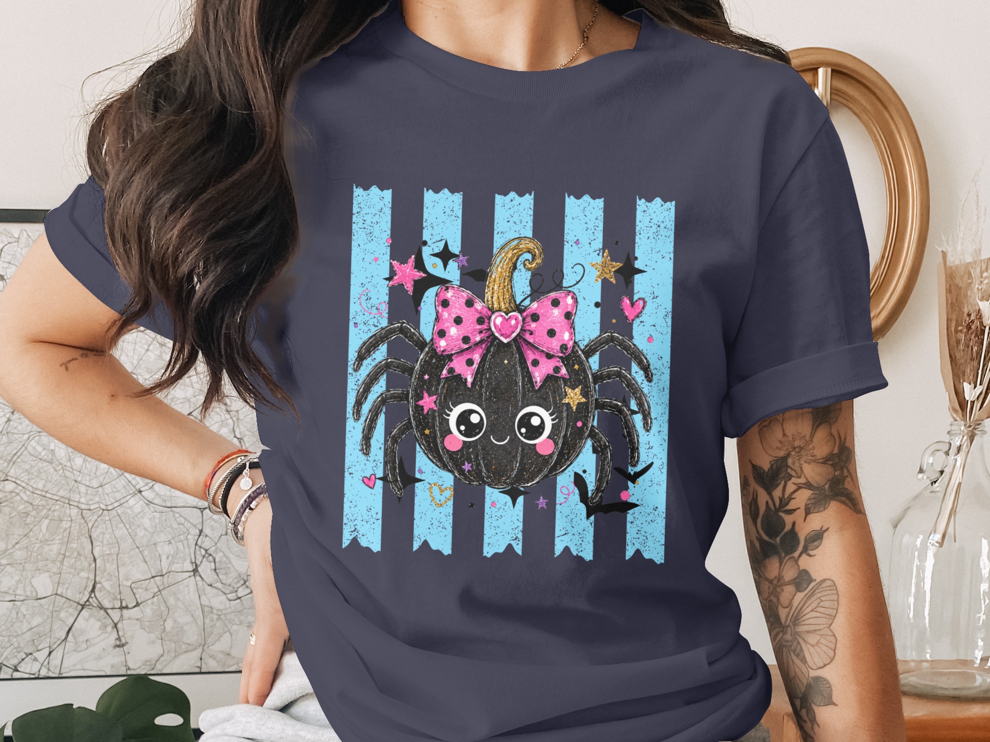Cute Spooky Spider Pumpkin T-Shirt for Halloween Lover, Adorable Fall Autumn Tee Shirt with Faux Gold Glitter - Image 12