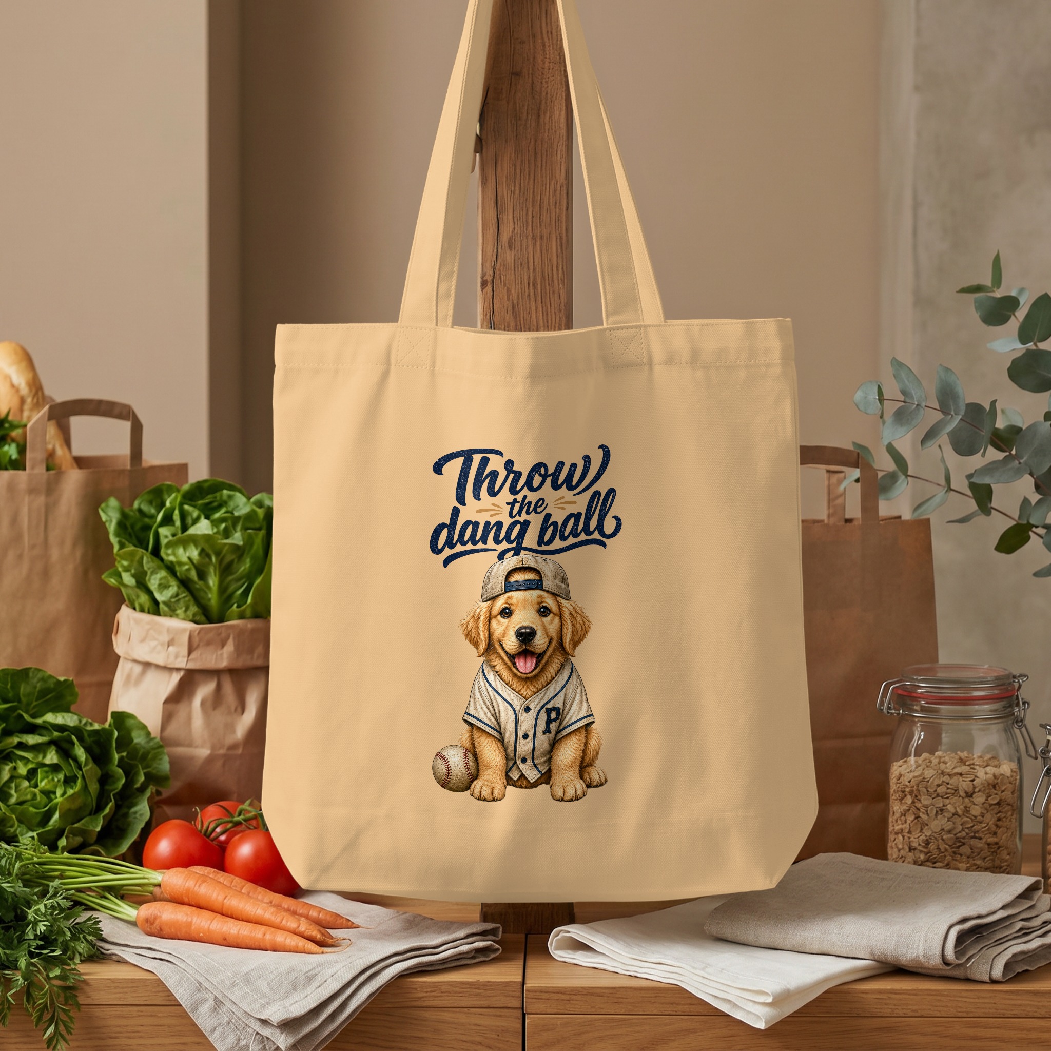 Golden Retriever Tote Bag, Baseball Dog Mom Gift, Throw the Dang Ball Puppy Sports Fan Canvas Carryall, Cute Animal Print - Image 4
