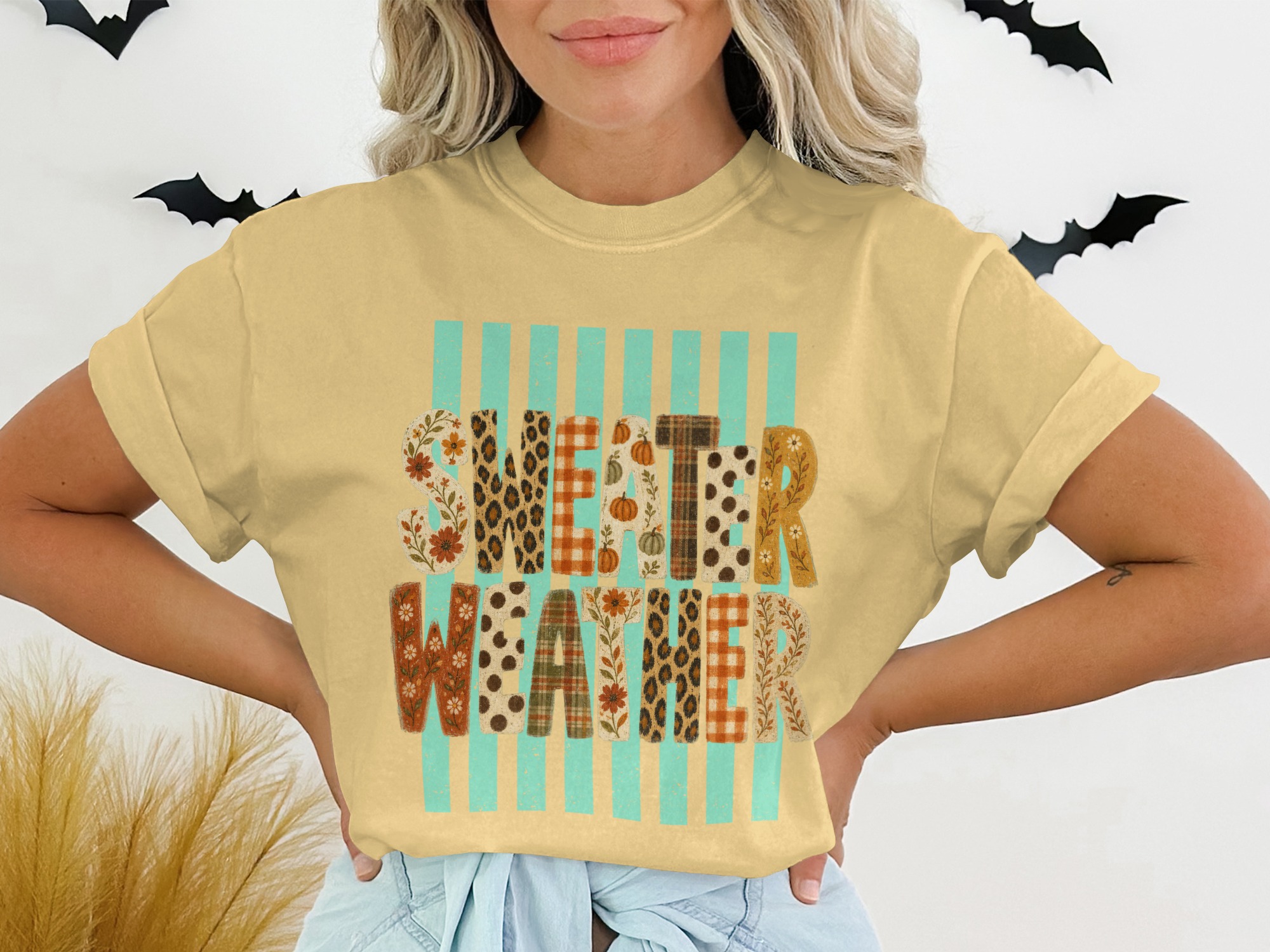 Sweater Weather T-Shirt | Fall Vibes Autumn Graphic Tee | Cute Pumpkin Leopard Print Plaid Women's Shirt | Cozy Season Top Gift - Image 13