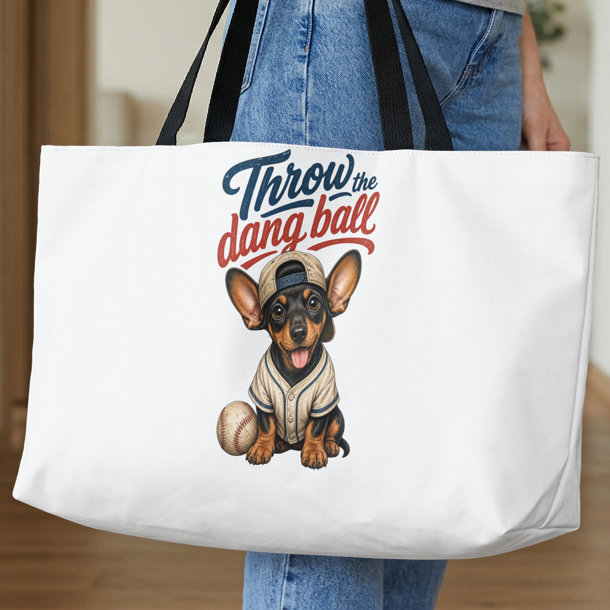 Cute Dachshund Baseball Dog Tote Bag | 'Throw The Dang Ball' Pet Lover Gift | Funny Sports Fan Canvas Book Bag - Image 10
