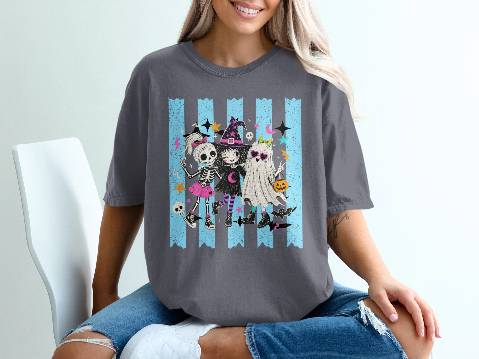 Cute Halloween Besties T-Shirt | Spooky Friends Witch Ghost Skeleton Tee | Kawaii Pastel Goth Graphic Shirt Gift - Image 2