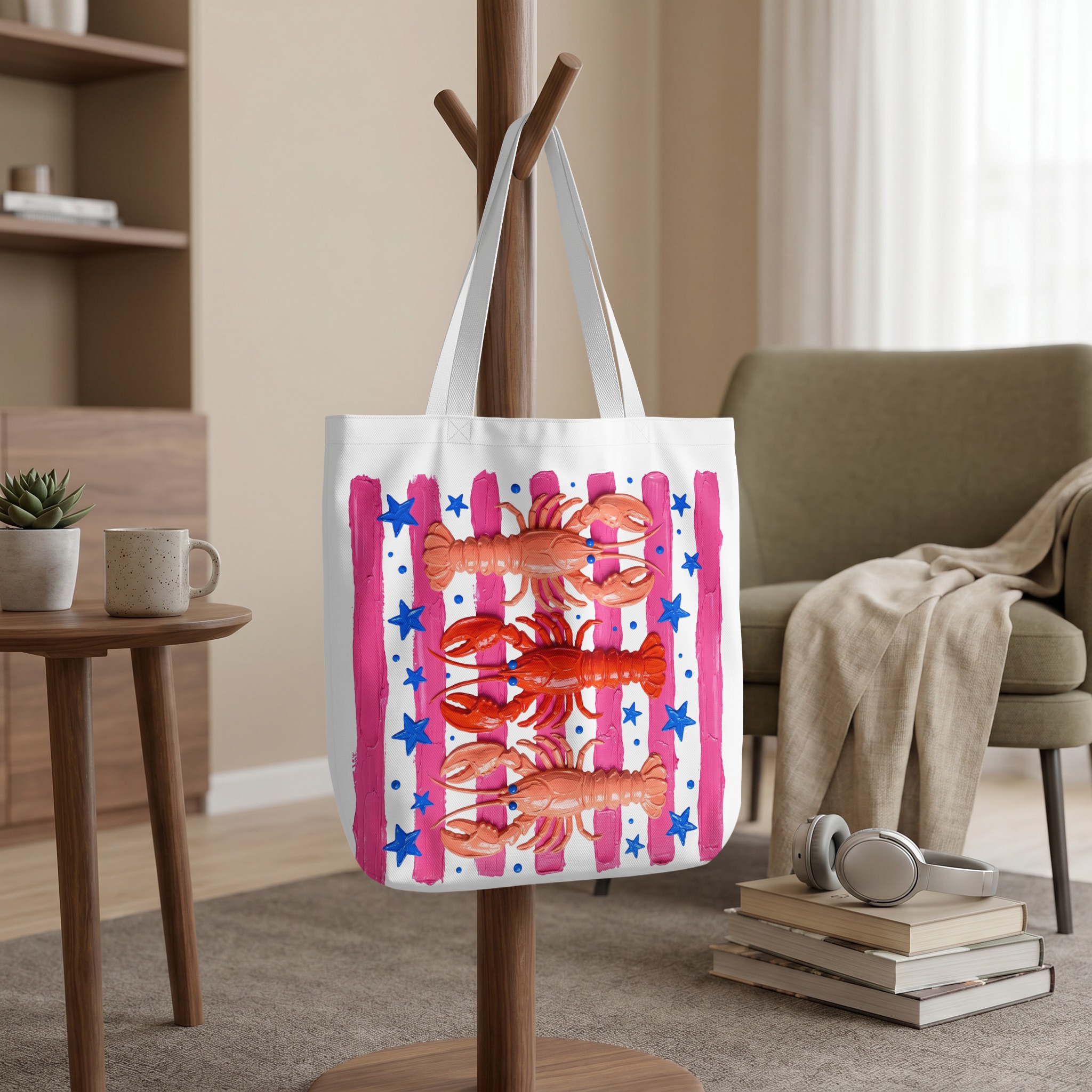Lobster Tote Bag | Cute Pink Coastal Beach Summer Bag | Artistic Ocean Market Carryall with Star & Stripe Print - Image 9
