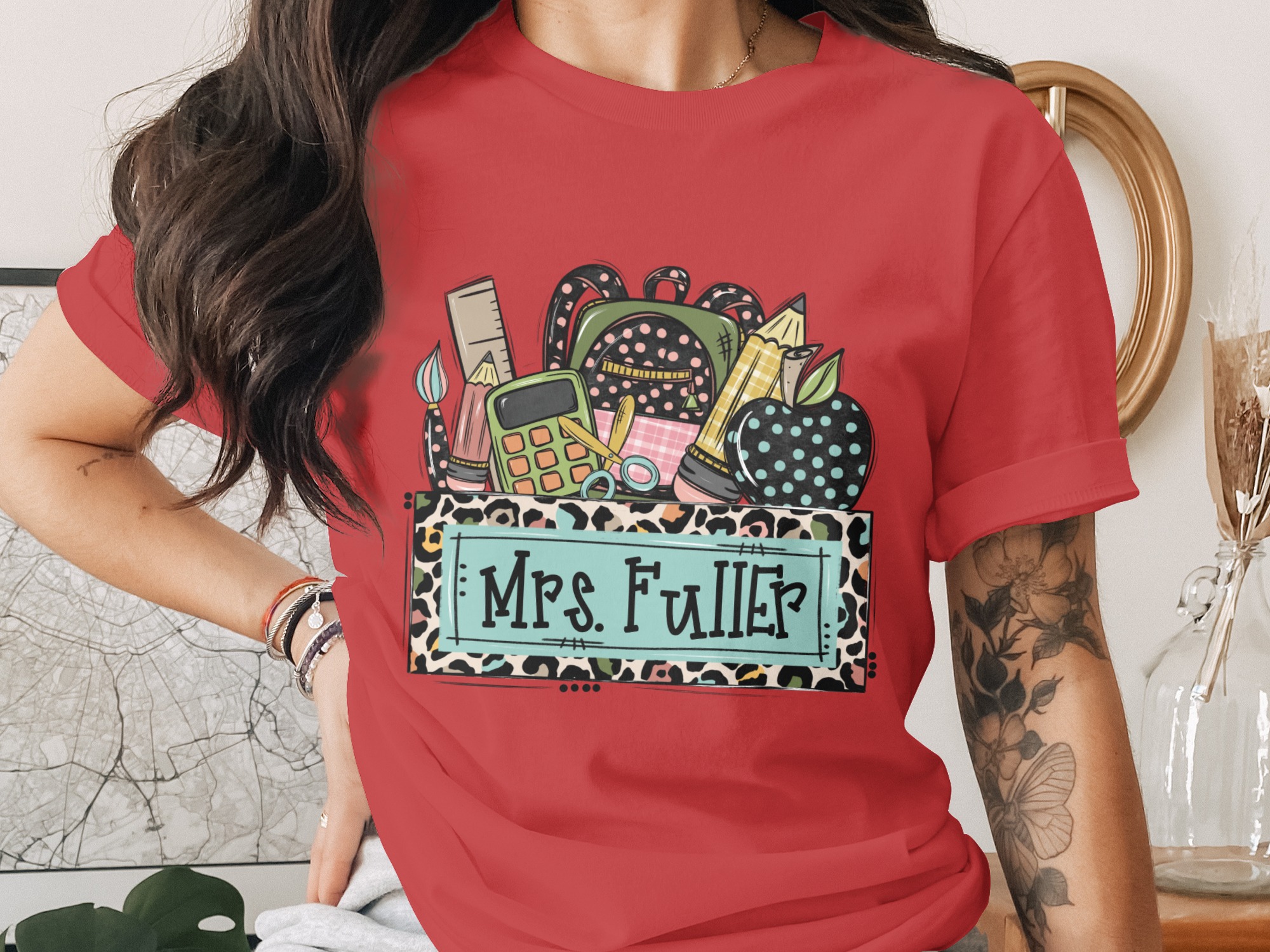 Custom Teacher School Supplies T-Shirt | Personalized Educator Gift, Back to School, Leopard Print Top - Image 4