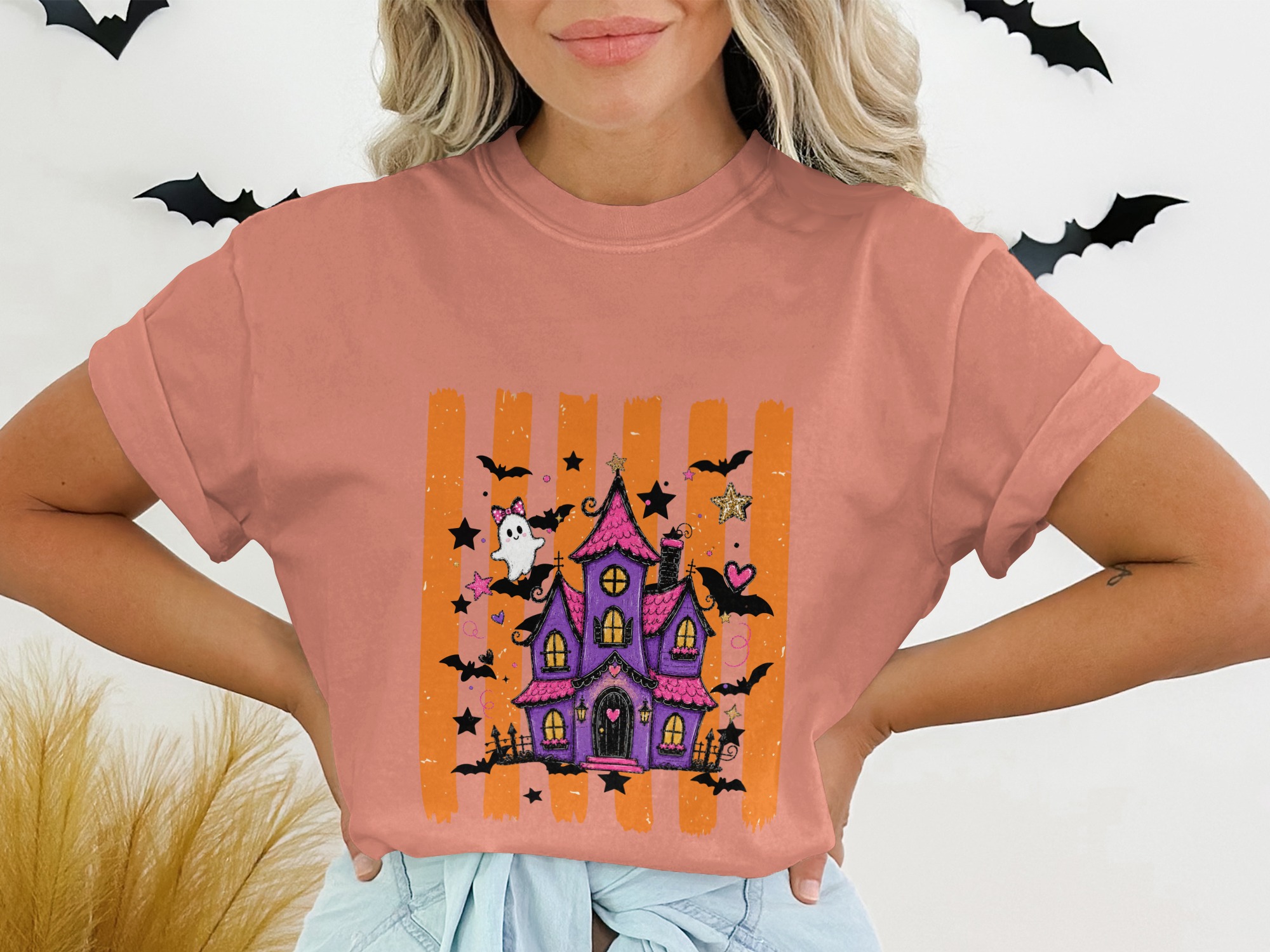 Spooky Cute Haunted House T-Shirt | Whimsical Halloween Tee with Ghosts & Bats | Purple Pink Aesthetic Fall Party Shirt Gift - Image 3