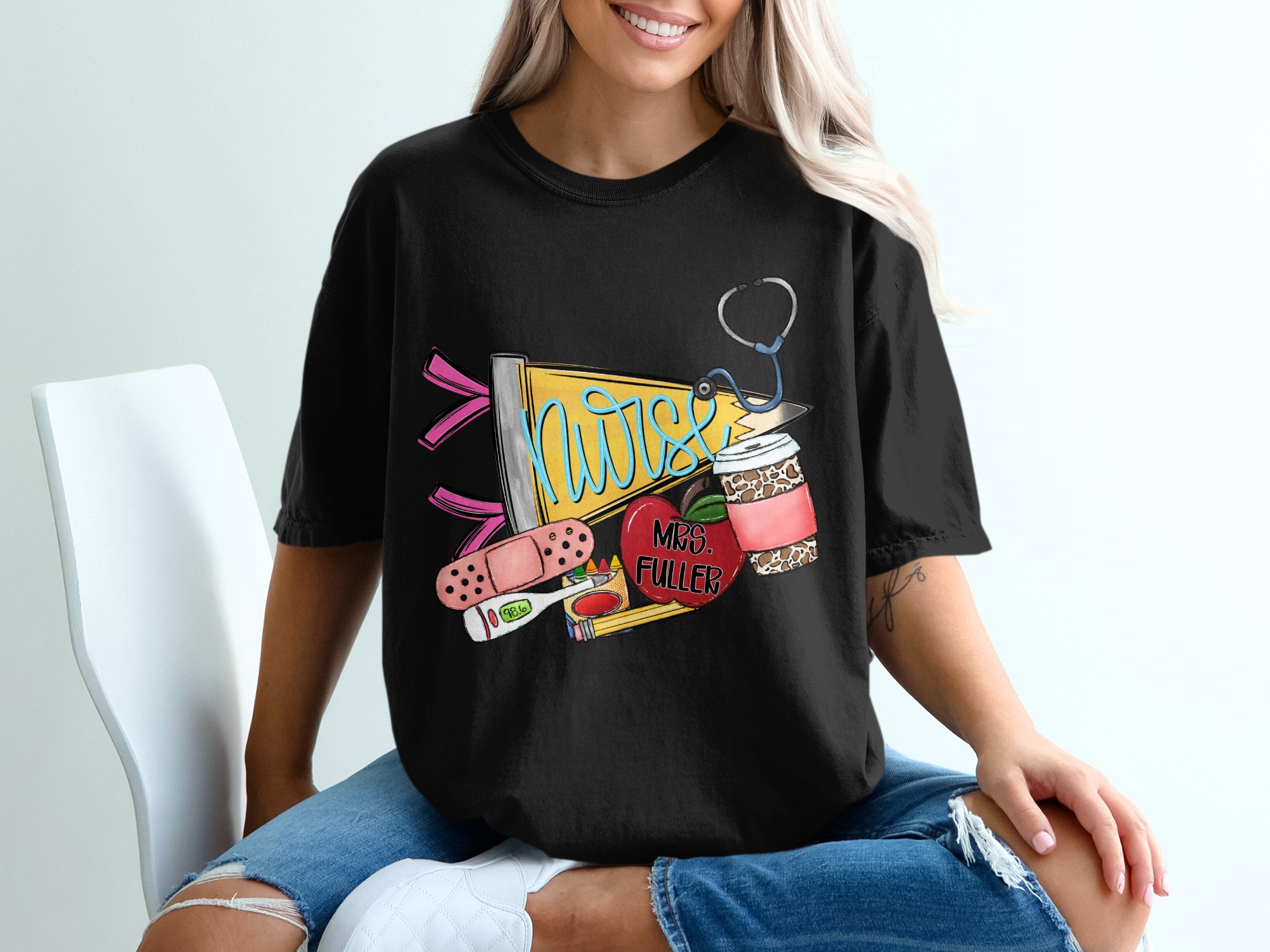 Nurse & Teacher Appreciation T-Shirt | Stethoscope, Apple, Coffee & Bandage Tee | Thoughtful RN Gift & Educator Shirt - Image 8