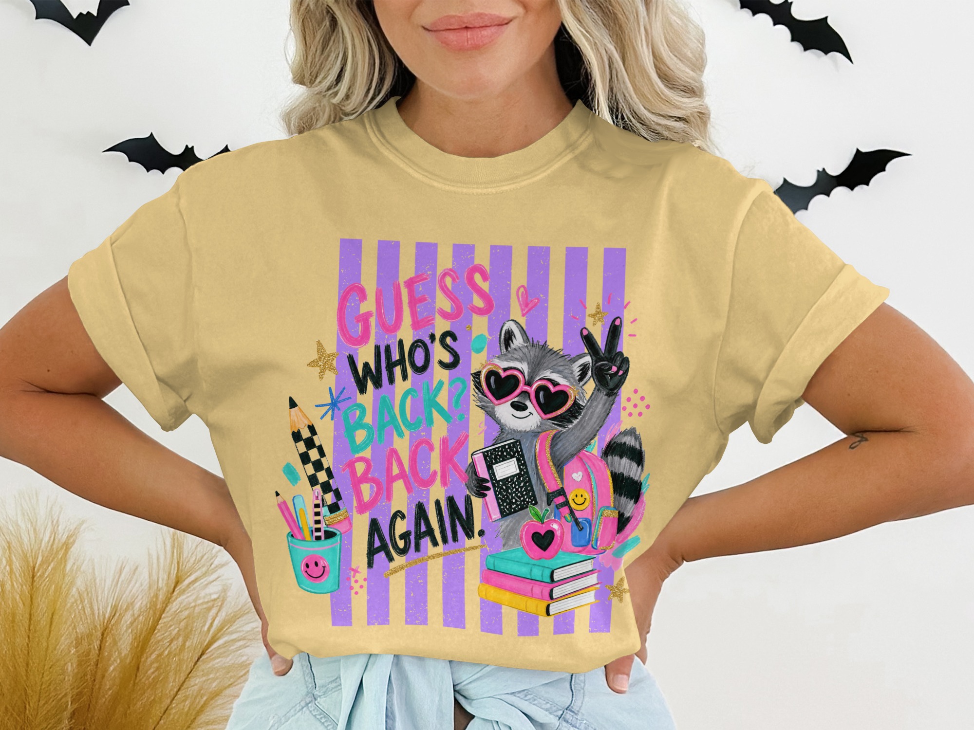 Back To School Raccoon T-Shirt, Guess Who's Back Again Teacher Shirt, First Day Of School Student Tee, Cute Animal Graphic Top