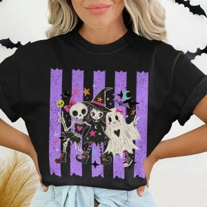 Kawaii Goth Halloween Friends T-Shirt, Spooky Cute Witch Skeleton Ghost Girl Graphic Tee, Alt E-Girl Style Gift