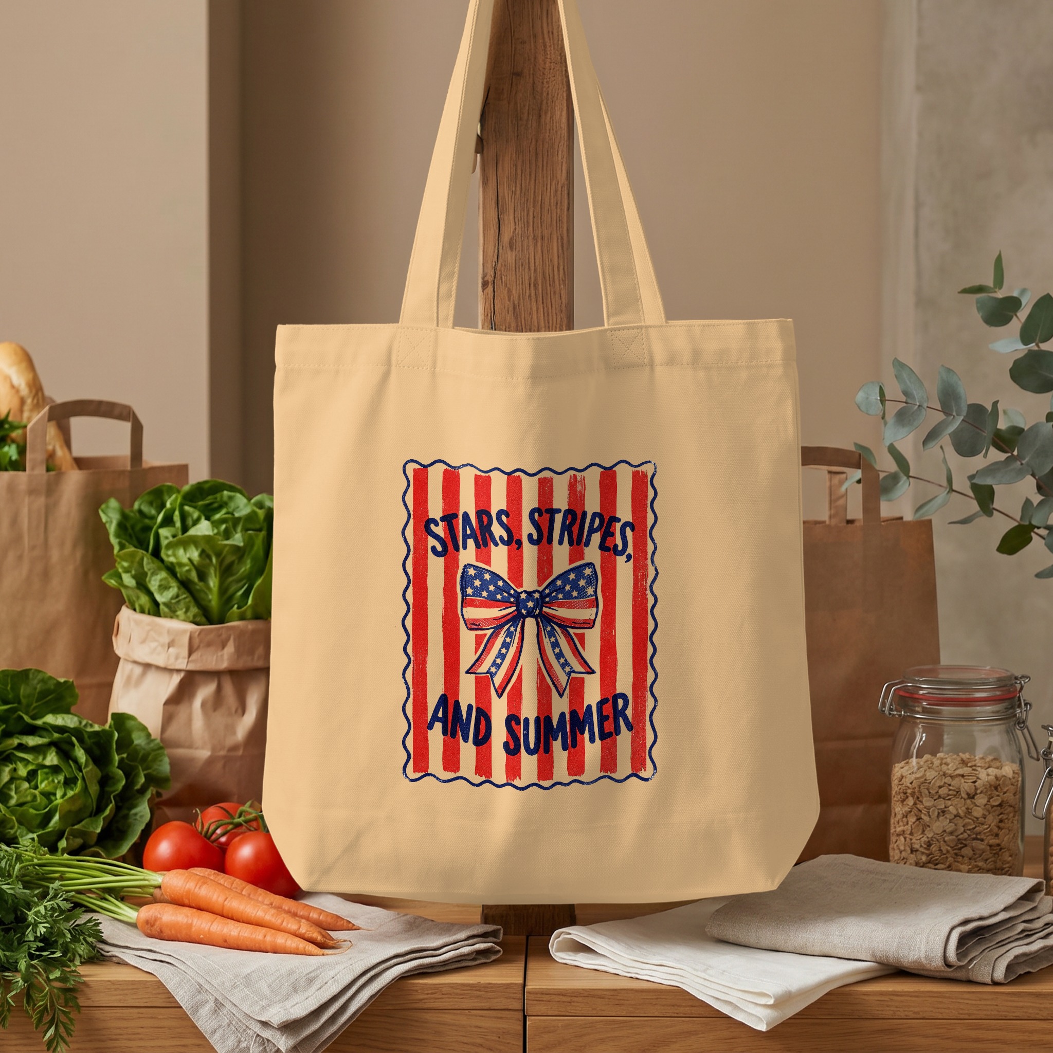 Stars, Stripes, and Summer Tote Bag | Patriotic American Flag Bow Design | Vintage Style Summer Canvas Bag Gift - Image 4