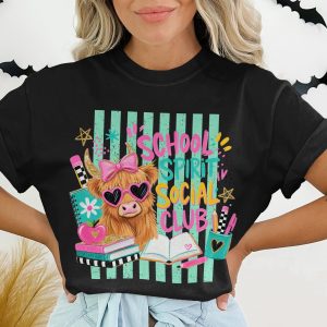 School Spirit Social Club Highland Cow T-Shirt | Funny Teacher Back to School Tee | Cute Cow Student Gift Unique Graphic Shirt