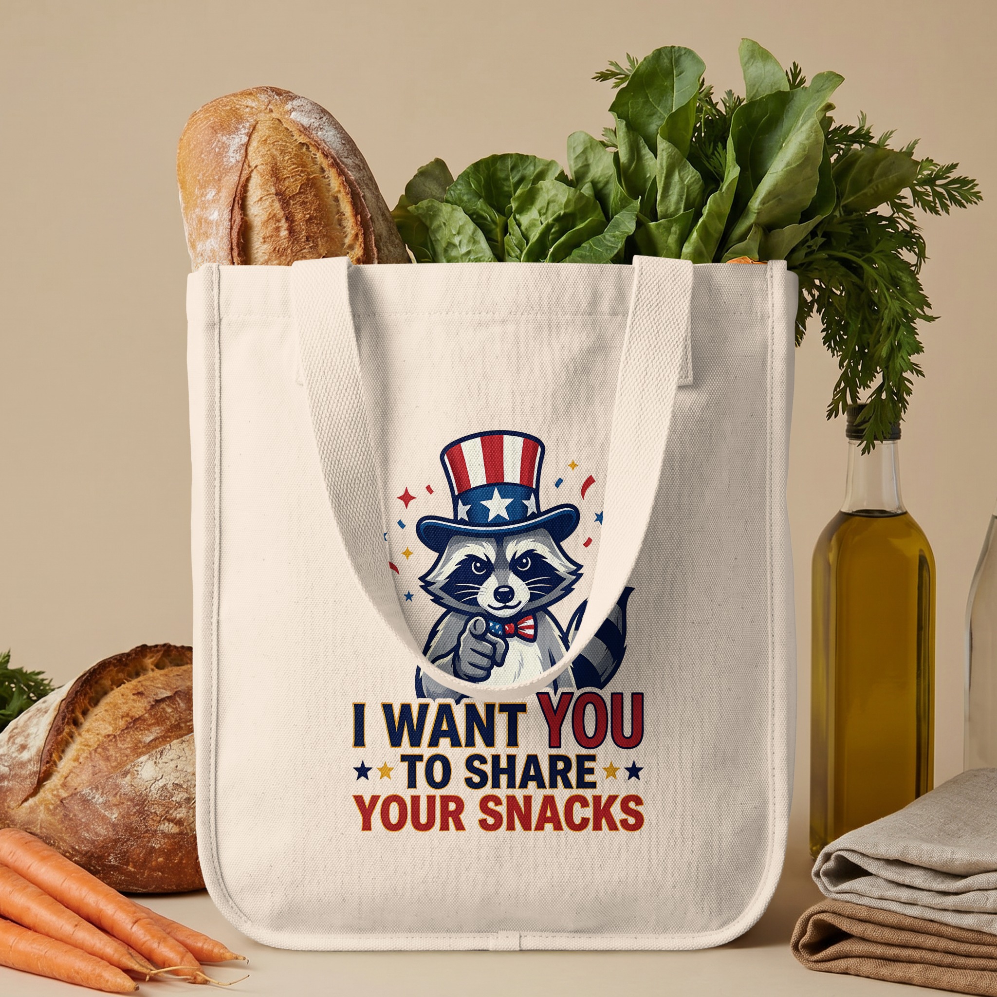 Funny Raccoon Tote Bag, I Want You To Share Snacks, Quirky Uncle Sam Animal Canvas Shopper Carryall Gift - Image 6