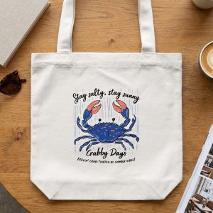 Stay Salty Sunny Blue Crab Tote Bag, Crabby Days Beach Vacation Gift for Ocean Lovers, Summer Reusable Shopping Bag