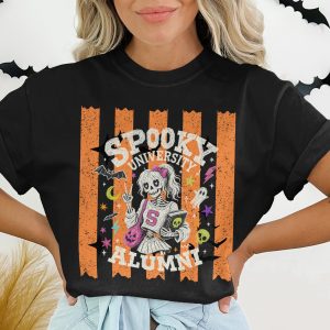 Spooky University Alumni Skeleton Girl T-Shirt, Preppy Goth Halloween College Tee, Vintage Aesthetic Back To School Shirt Gift