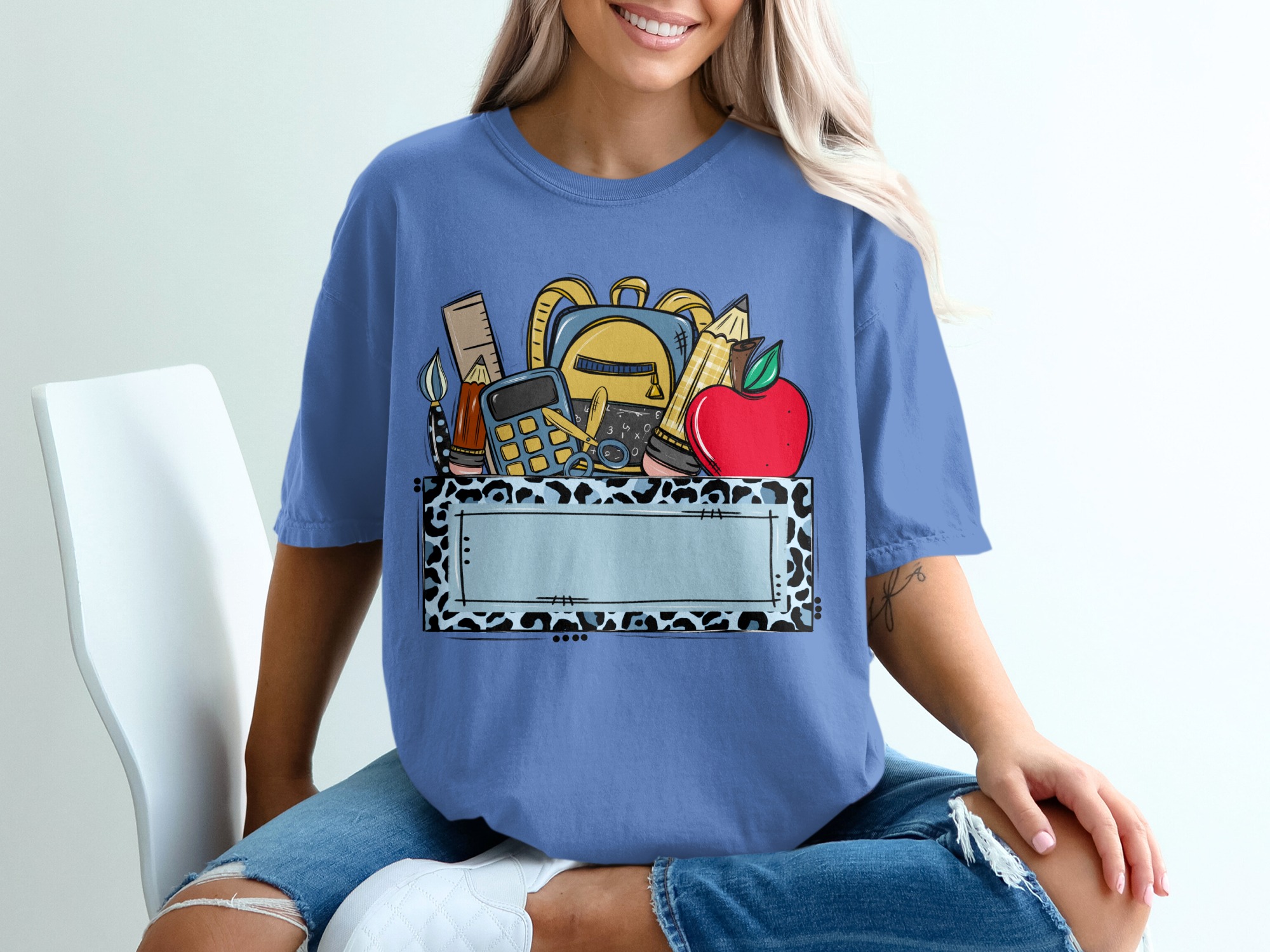 Custom Teacher T-Shirt, Personalized School Supplies Tee with Blue Leopard Print, Back to School Educator Gift, Made to Order Mascot Name - Image 20