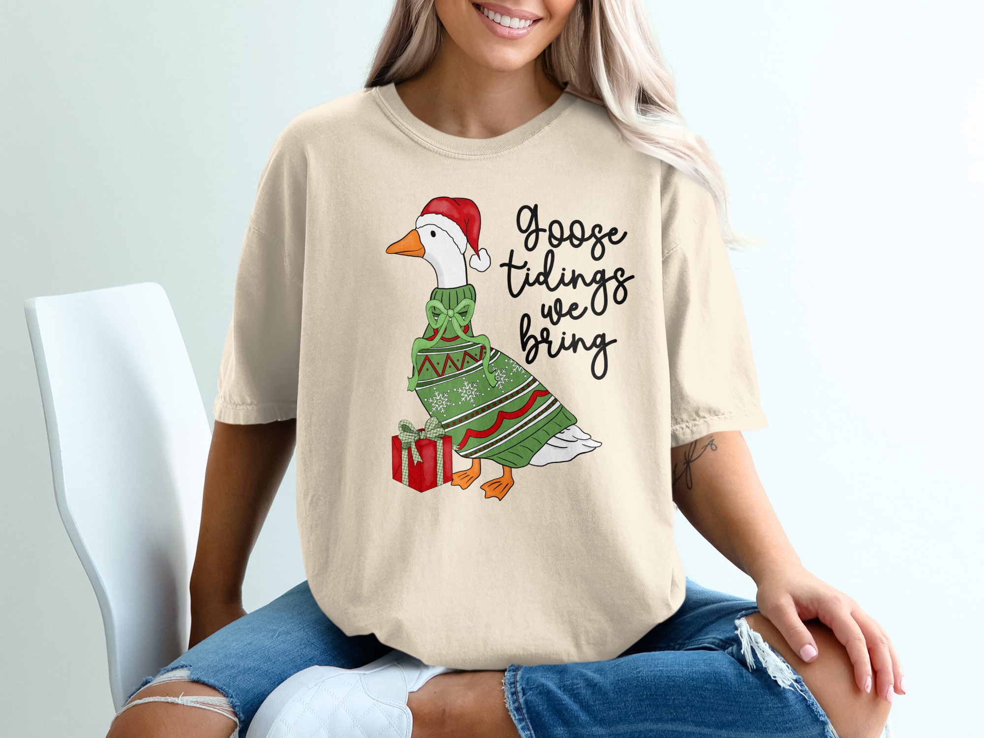 Goose Tidings We Bring Funny Christmas Goose Shirt, Holiday Lover Gift T-Shirt, Cute Animal Xmas Tee, Festive Duck Crewneck