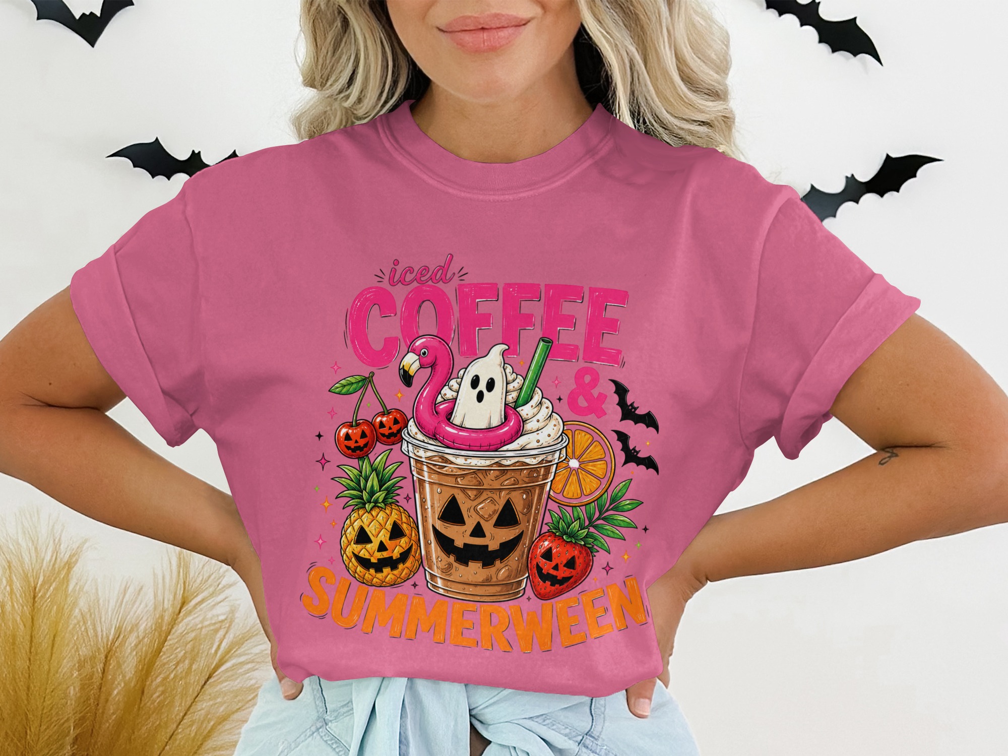 Iced Coffee & Summerween T-Shirt, Spooky Season Beach Lover Tee, Halloween in July Graphic Top, Funny Autumn Fall Shirt - Image 6