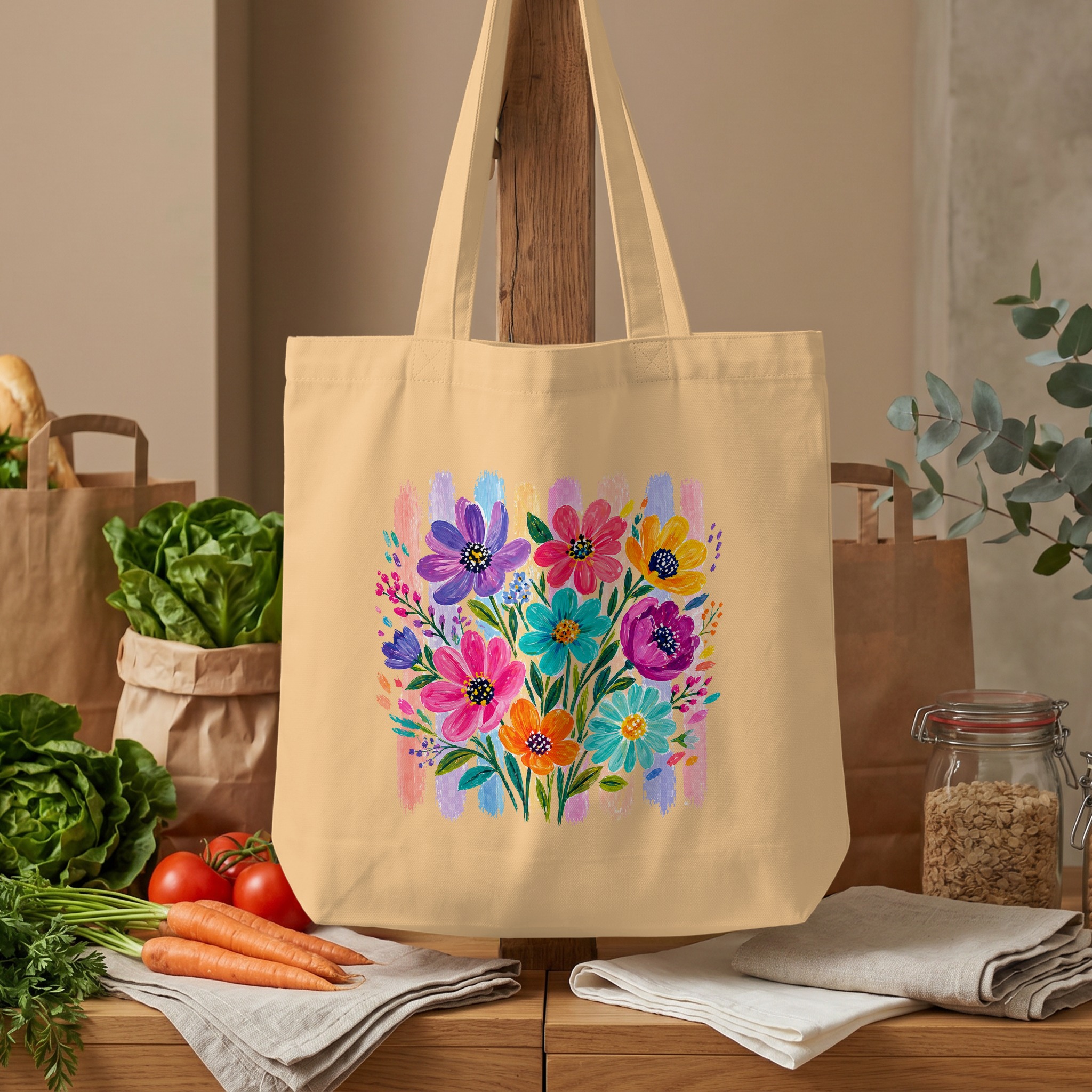 Vibrant Floral Tote Bag, Watercolor Boho Flower Market Shoulder Bag, Colorful Bloom Art Print Gift for Her, Everyday Chic Bag - Image 4