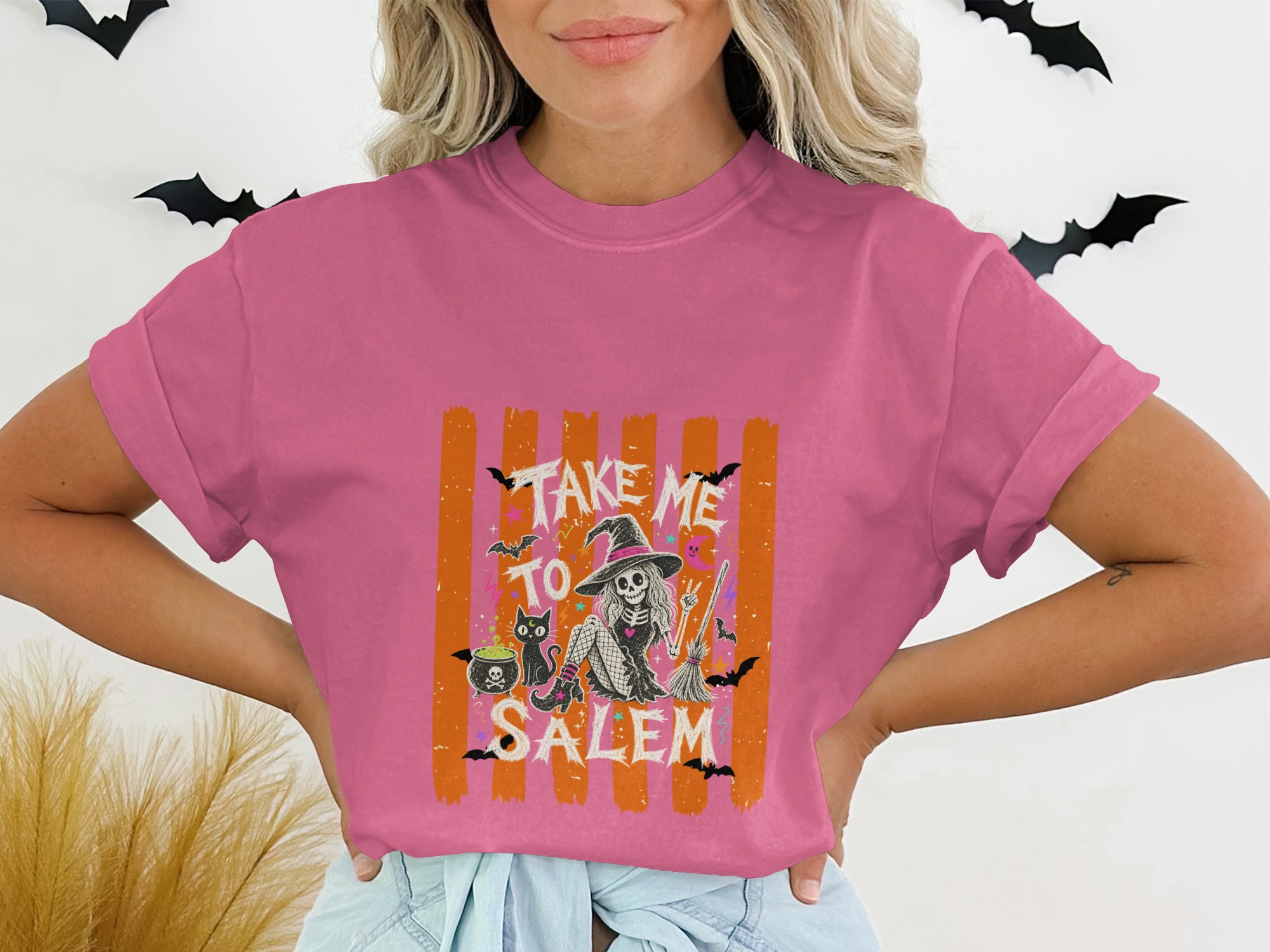 Take Me To Salem Skeleton Witch T-Shirt, Spooky Halloween Cat Tee, Distressed Orange Striped Witchy Vibes Top, October Fall Gift for Her - Image 12