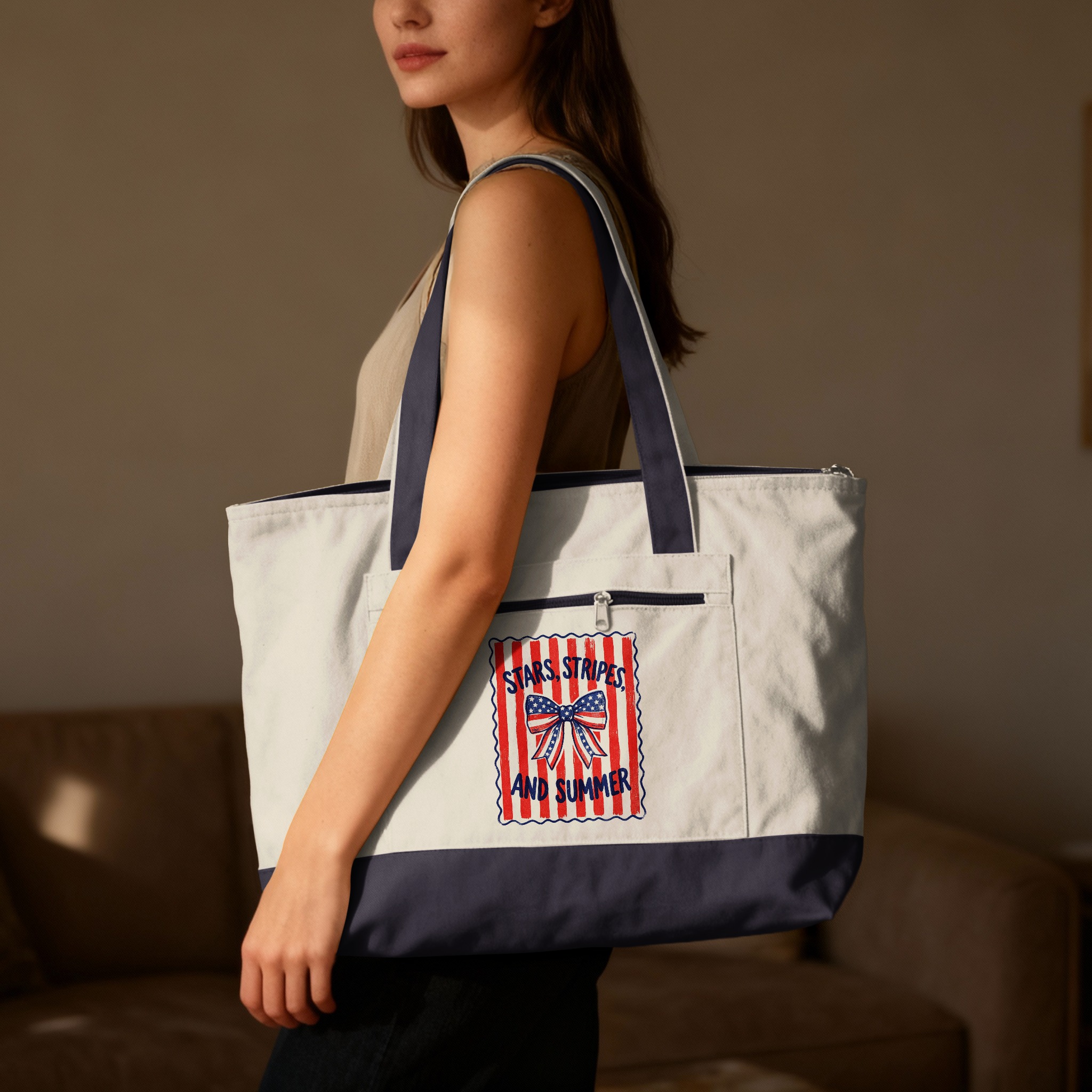 Stars, Stripes, and Summer Tote Bag | Patriotic American Flag Bow Design | Vintage Style Summer Canvas Bag Gift - Image 7