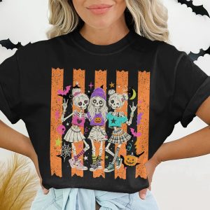 Spooky Cute Skeleton Girls Halloween T-Shirt | Alt Retro Goth Kawaii Graphic Tee Gift Top for Spooky Season