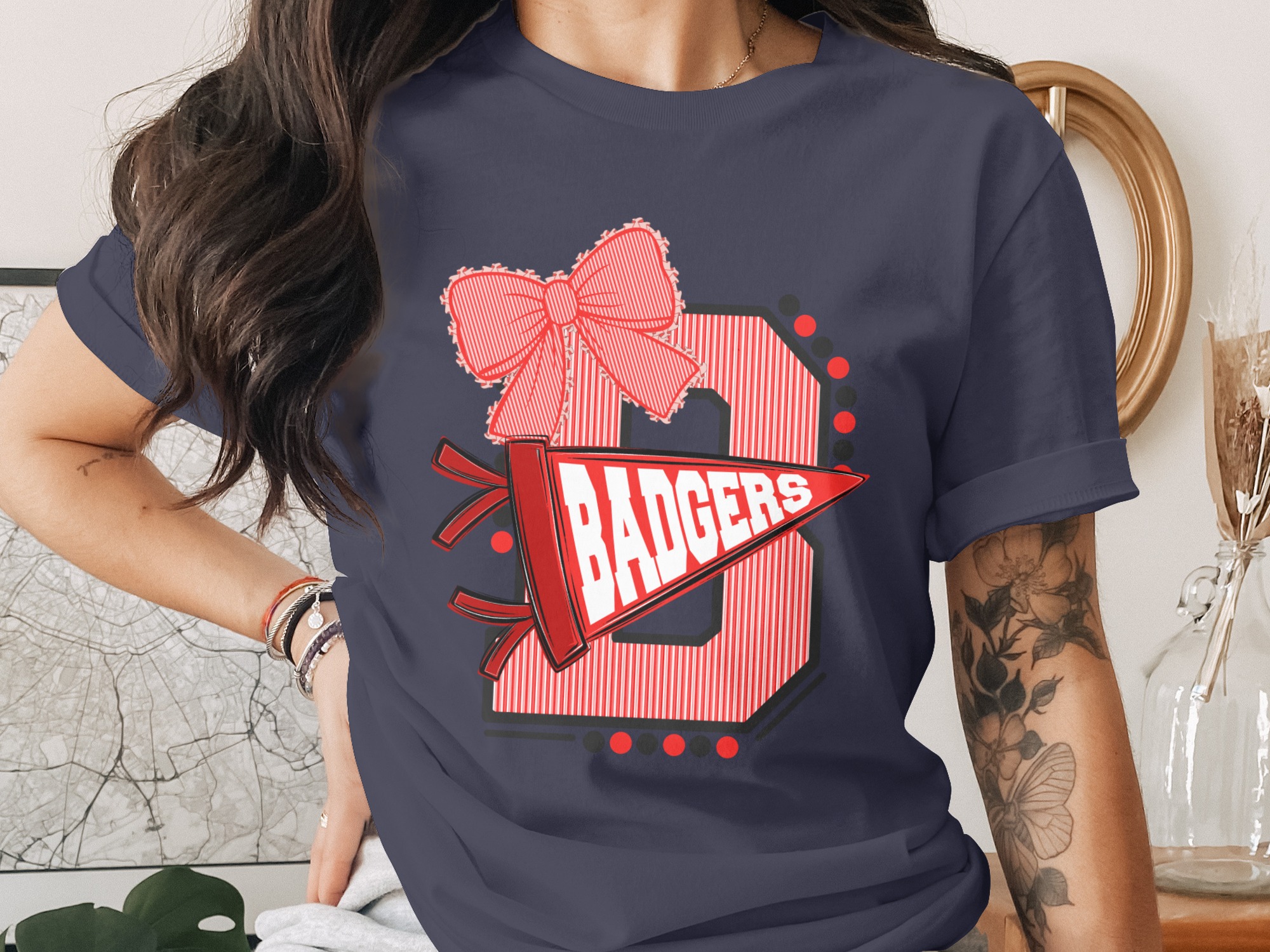 Custom Initial T-Shirt with Bow, Personalized Varsity Style Pennant Design, School Spirit College Team Mascot Letter Tee - Image 3