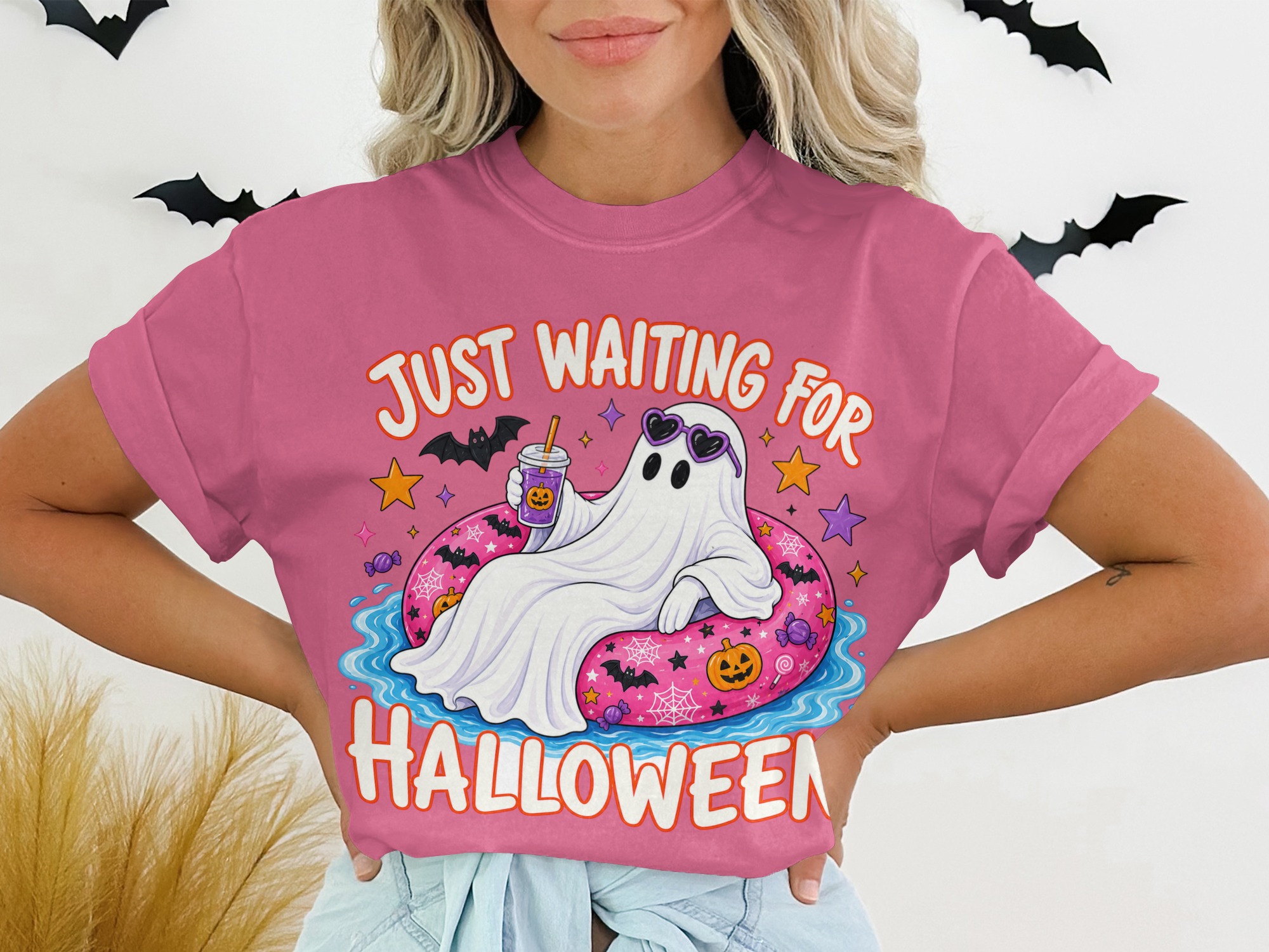 Cute Ghost T-Shirt | Just Waiting For Halloween Pool Float Shirt | Spooky Season Tee | Funny Ghost with Sunglasses | Fall Apparel - Image 6