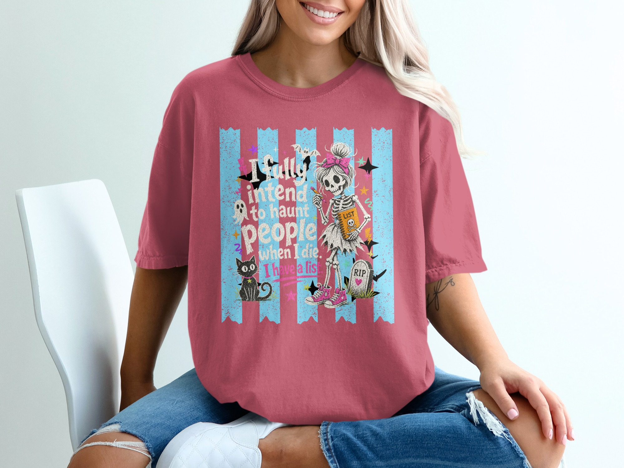 I Have A List Skeleton T-Shirt, Funny Halloween Tee, Sassy Spooky Cute Pastel Goth Shirt, Black Cat Ghost List Graphic Tee Gift - Image 7
