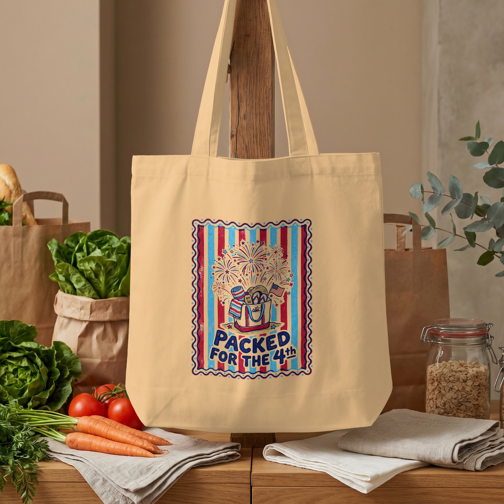 Packed for the 4th Tote Bag | Patriotic July Fourth Beach Bag | Vintage Americana Summer Tote Gift | Independence Day Firework Reusable Bag - Image 4