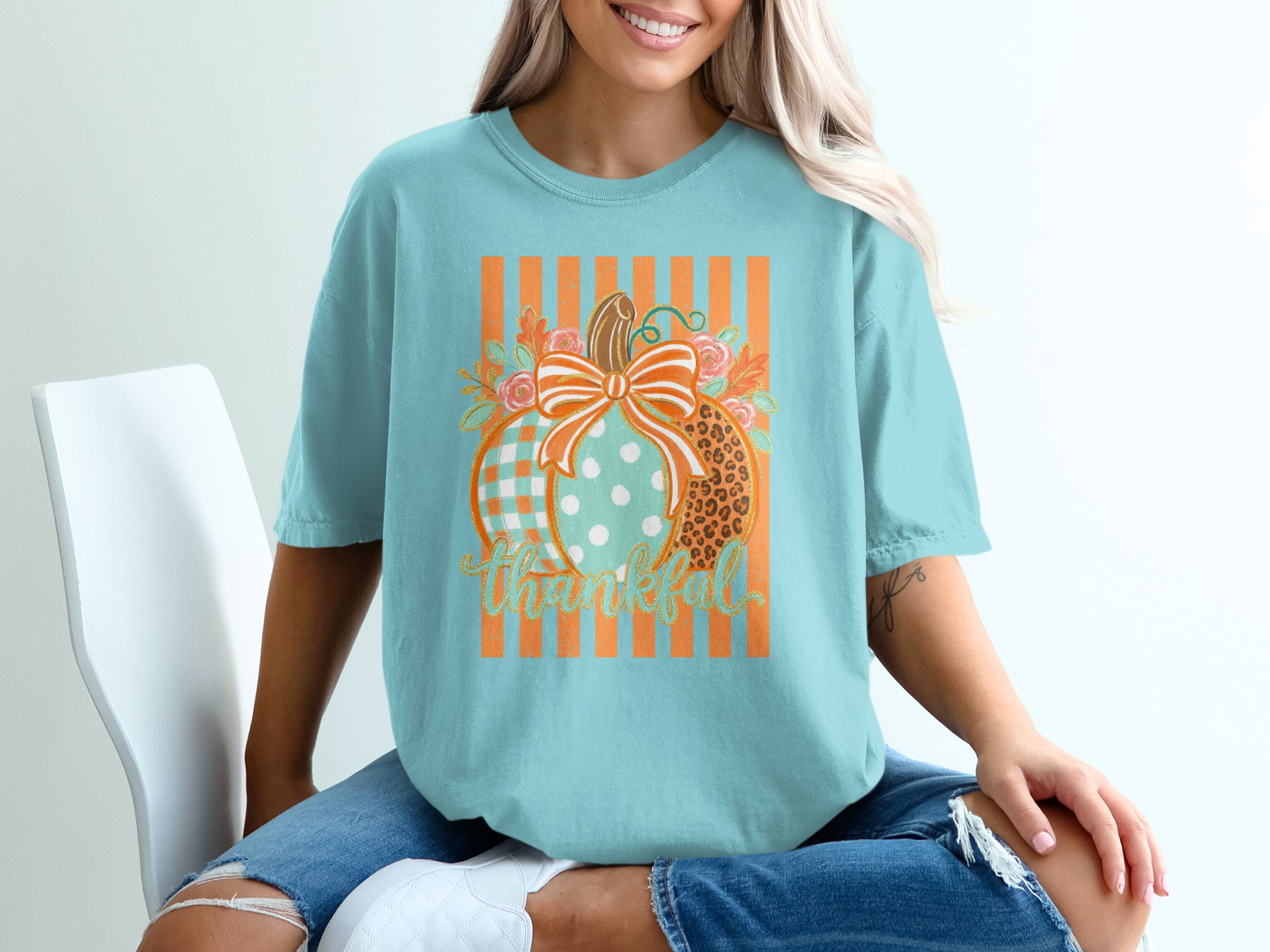 Thankful Pumpkin Patch Fall T-Shirt, Boho Leopard Gingham Polka Dot Autumn Harvest Thanksgiving Graphic Tee for Women - Image 7