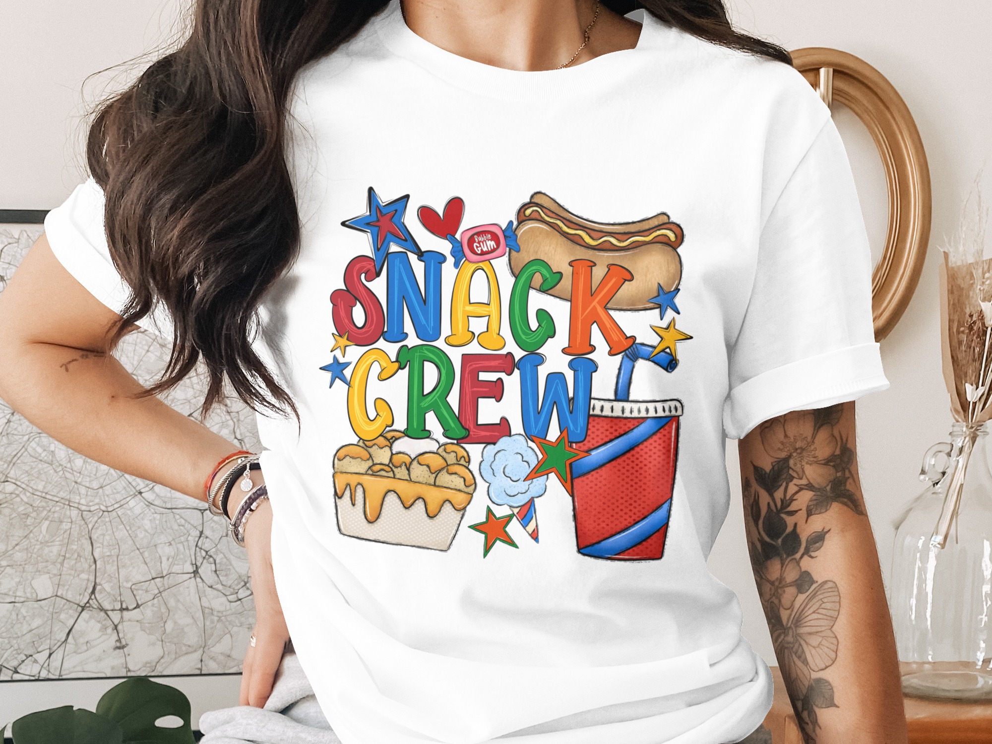 Snack Crew T-Shirt | Fun Foodie Graphic Tee | Retro Carnival Fair Food Lover Gift | Vibrant Summer Comfort Top