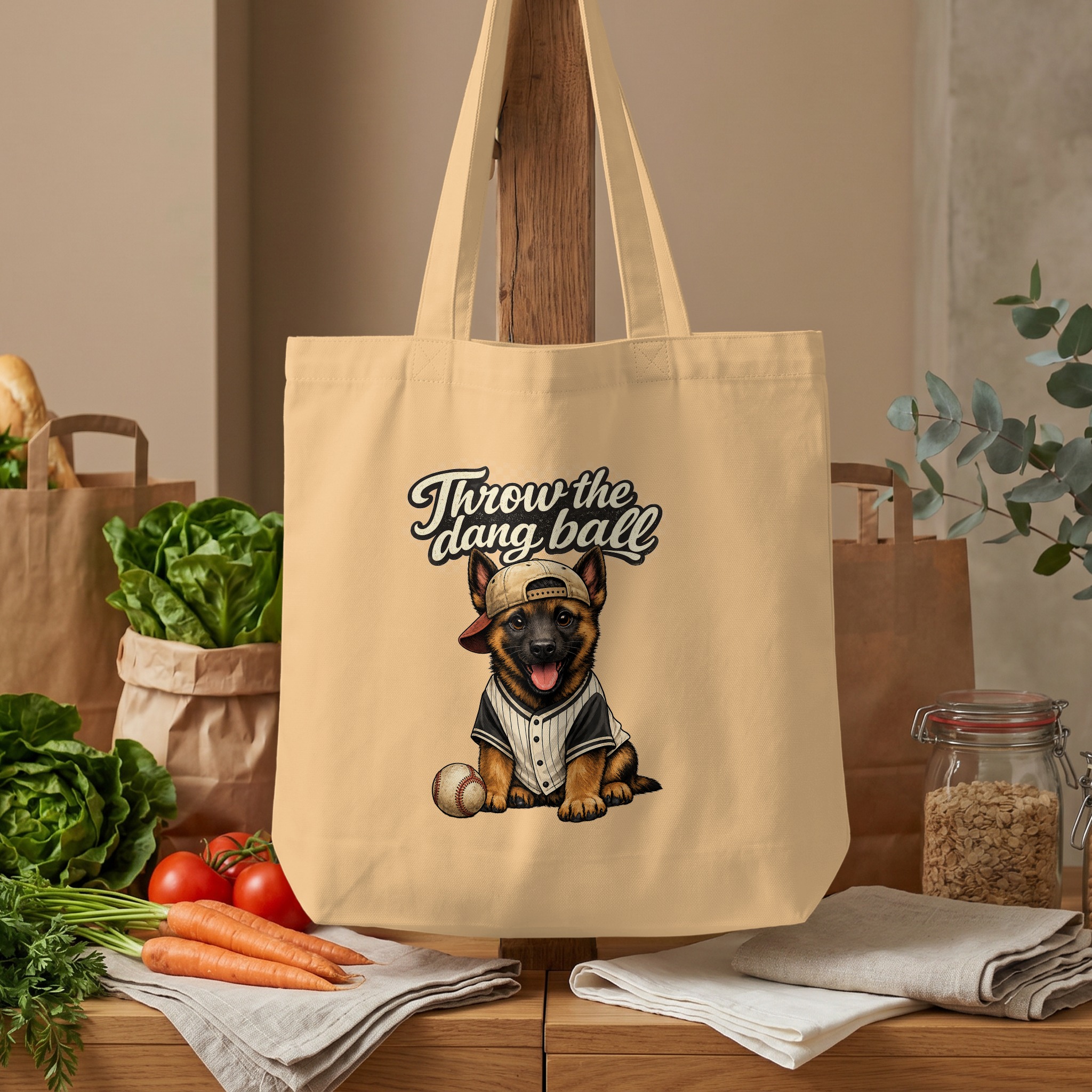 German Shepherd Puppy Baseball Tote Bag | Funny Dog Lover Gift | Throw The Dang Ball Pet Owner Canvas Bag - Image 4