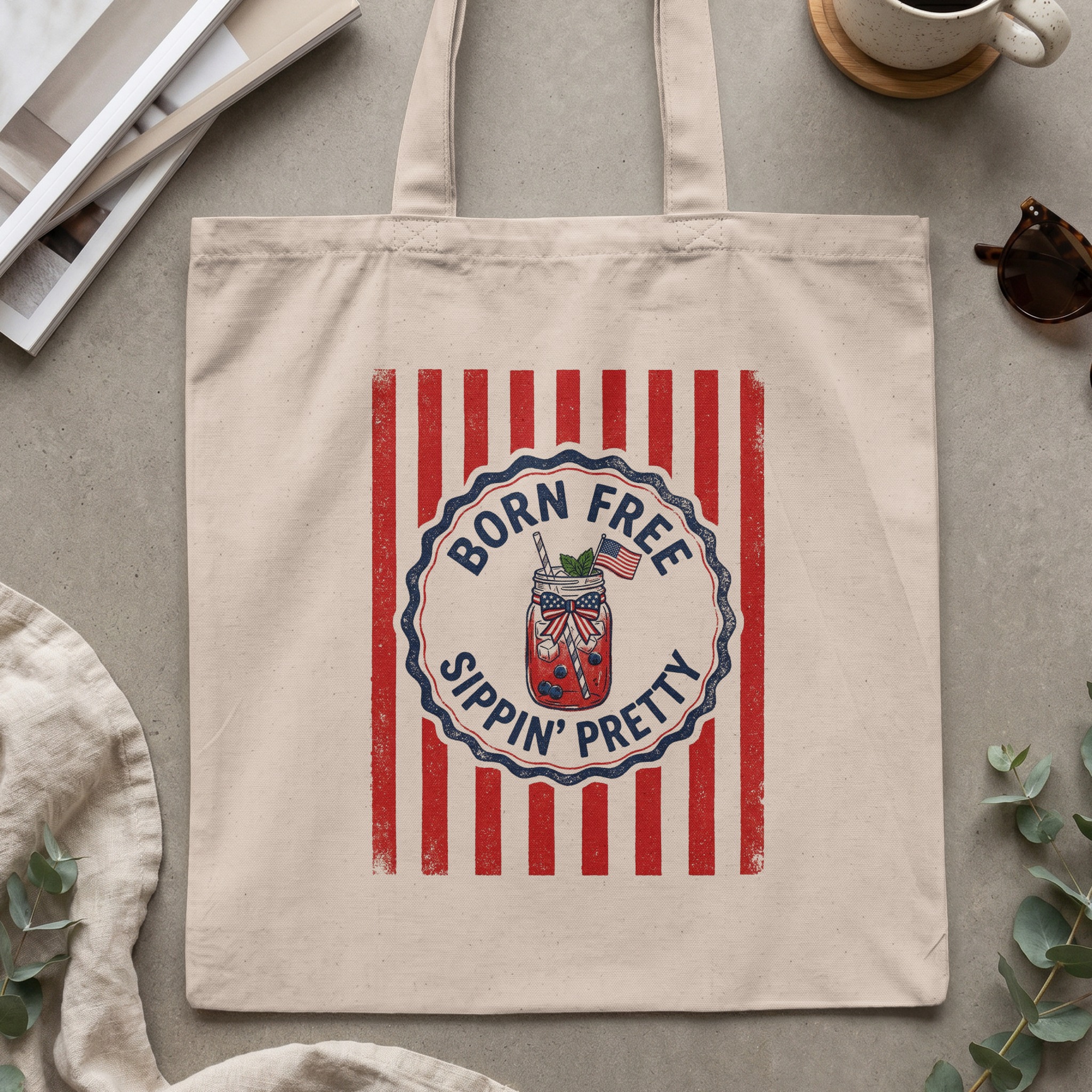 Born Free Sippin' Pretty Patriotic Tote Bag | Vintage Americana Summer Beach Bag | 4th of July Gift for Her - Image 2