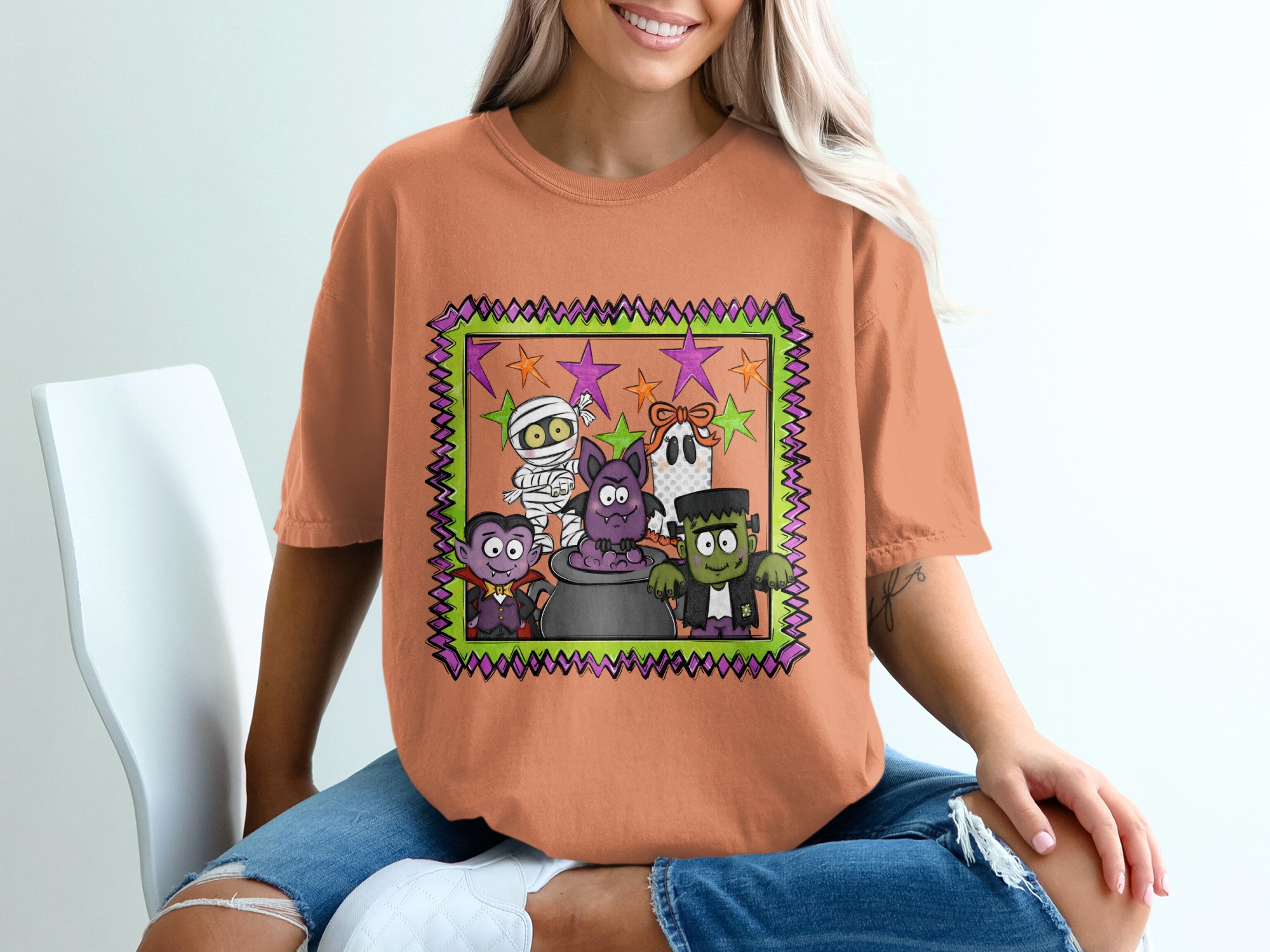 Cute Spooky Season T-Shirt, Halloween Monsters Design, Bat Dracula Ghost Mummy Frankenstein Kids Cartoon Tee - Image 5