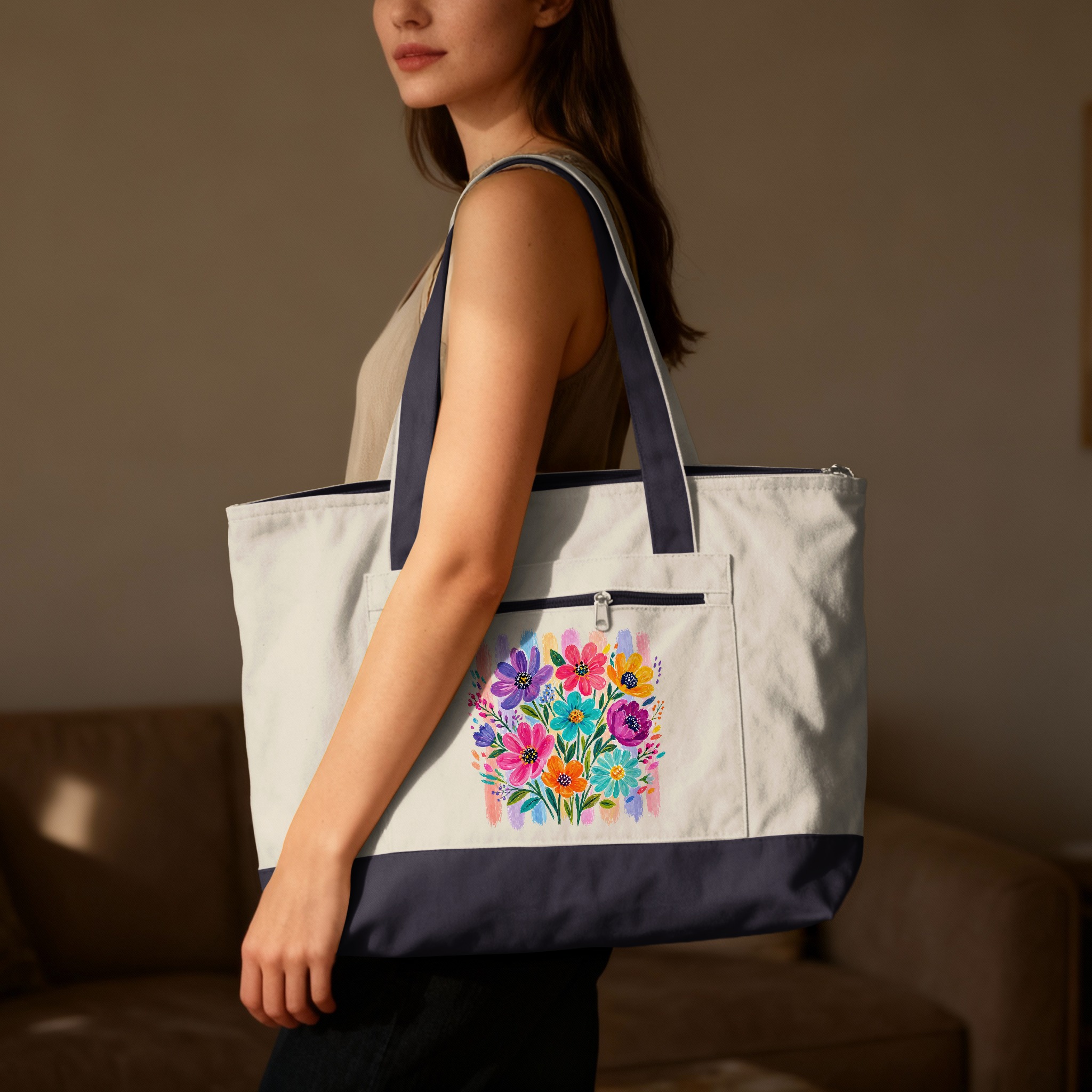 Vibrant Floral Tote Bag, Watercolor Boho Flower Market Shoulder Bag, Colorful Bloom Art Print Gift for Her, Everyday Chic Bag - Image 7