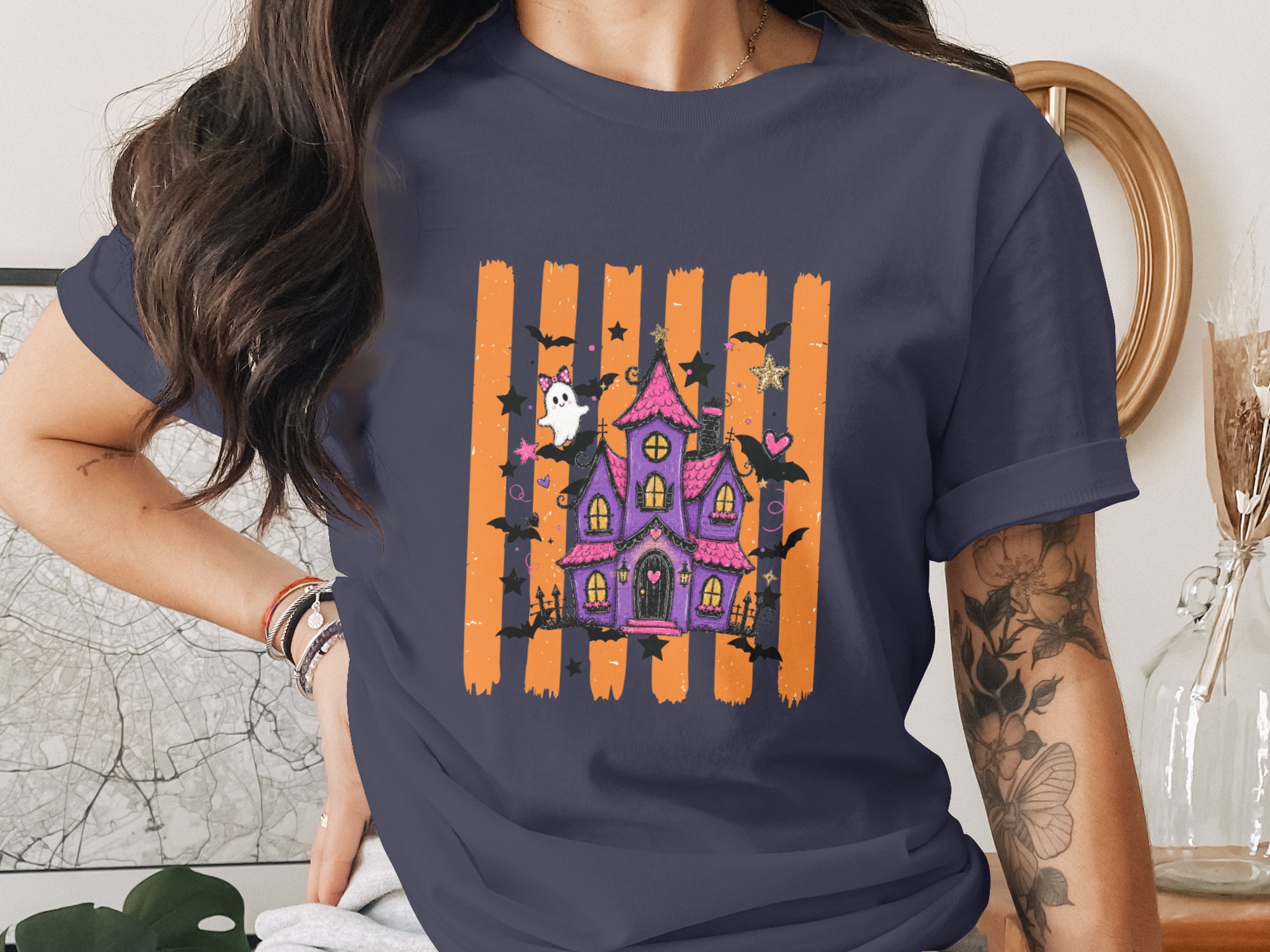 Spooky Cute Haunted House T-Shirt | Whimsical Halloween Tee with Ghosts & Bats | Purple Pink Aesthetic Fall Party Shirt Gift - Image 12