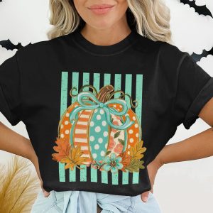 Cute Whimsical Fall Pumpkin T-Shirt, Patchwork Polka Dot Autumn Tee, Unique Thanksgiving Harvest Season Top